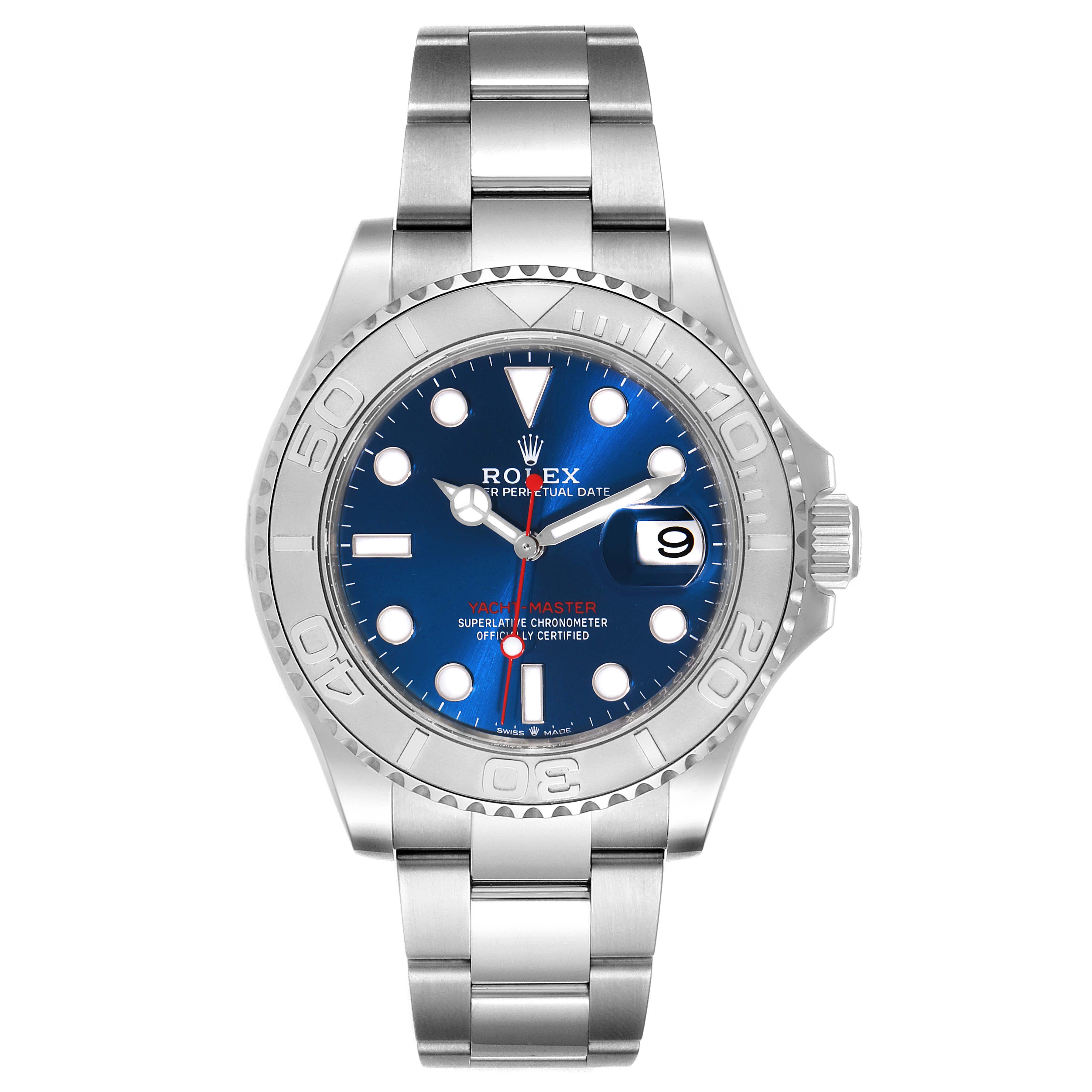 This image shows a frontal view of the Rolex Yacht-Master 126622 Men's Stainless Steel Blue Dial 126622 Men's Stainless Steel Blue Dial watch, highlighting its blue dial, bezel, and stainless steel bracelet.