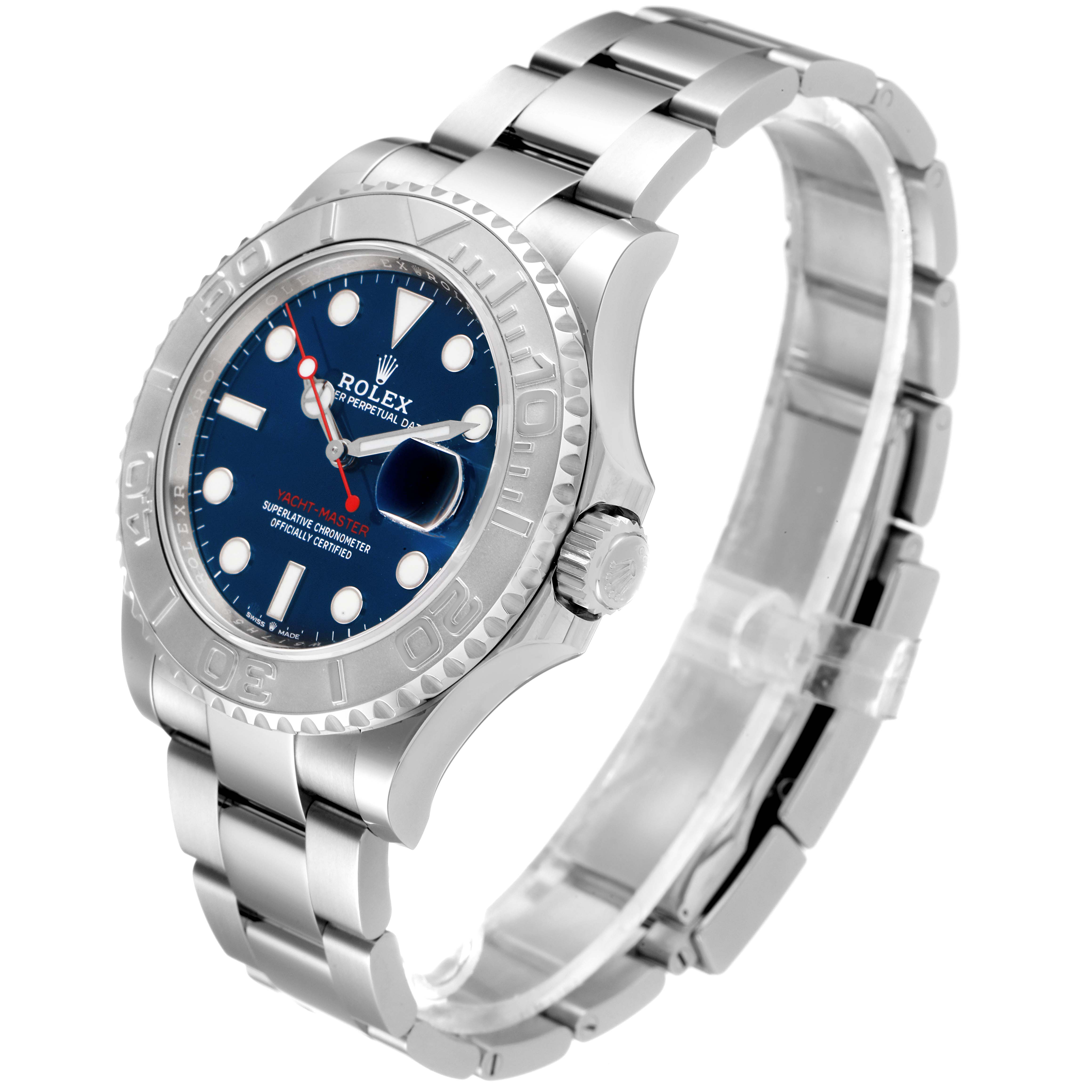 The Yacht-Master Rolex watch is shown at a three-quarter angle, highlighting the face, bezel, bracelet, and crown.