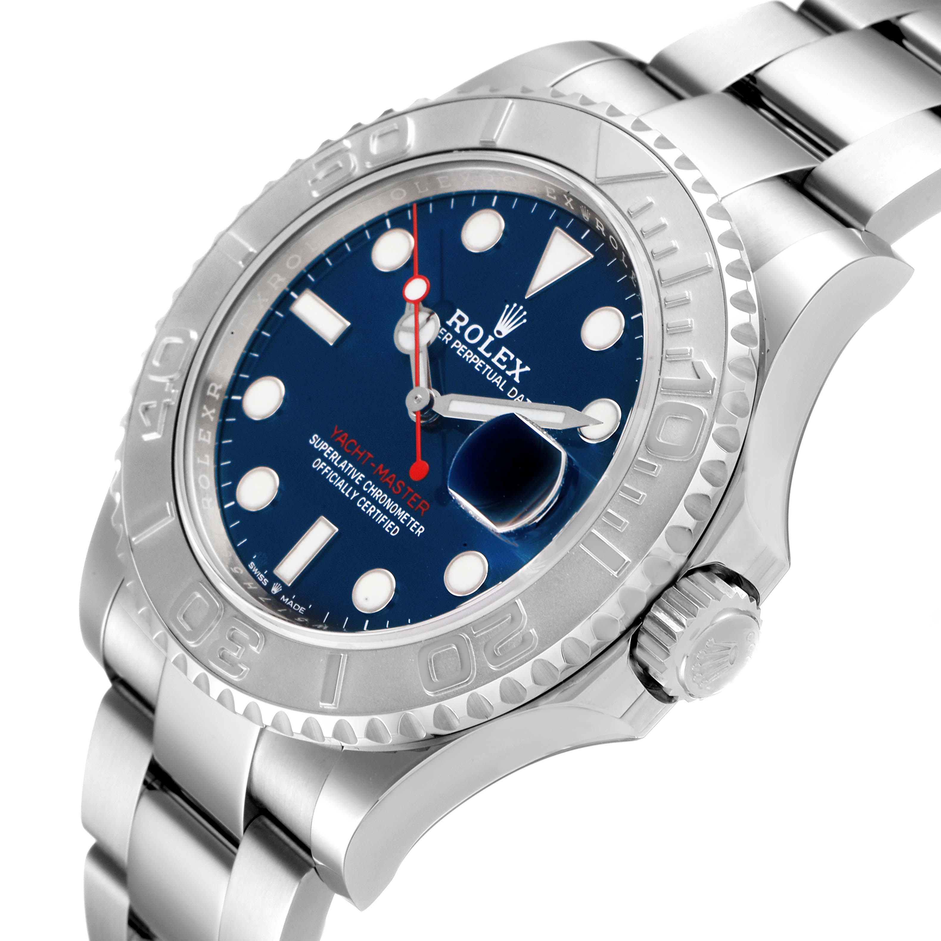 This image shows a close-up of the Rolex Yacht-Master 126622 Men's Stainless Steel Blue Dial 126622 Men's Stainless Steel Blue Dial watch, displaying the dial, bezel, crown, and bracelet.