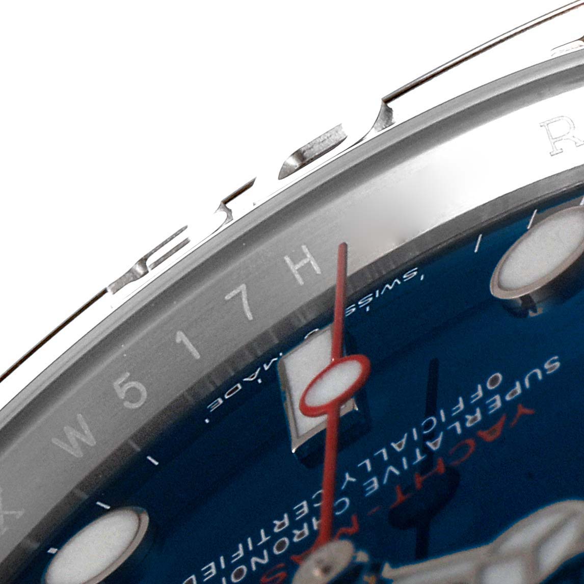 This close-up angle shows the bezel and part of the dial of the Rolex Yacht-Master 126622 Men's Stainless Steel Blue Dial 126622 Men's Stainless Steel Blue Dial watch, including the second hand.