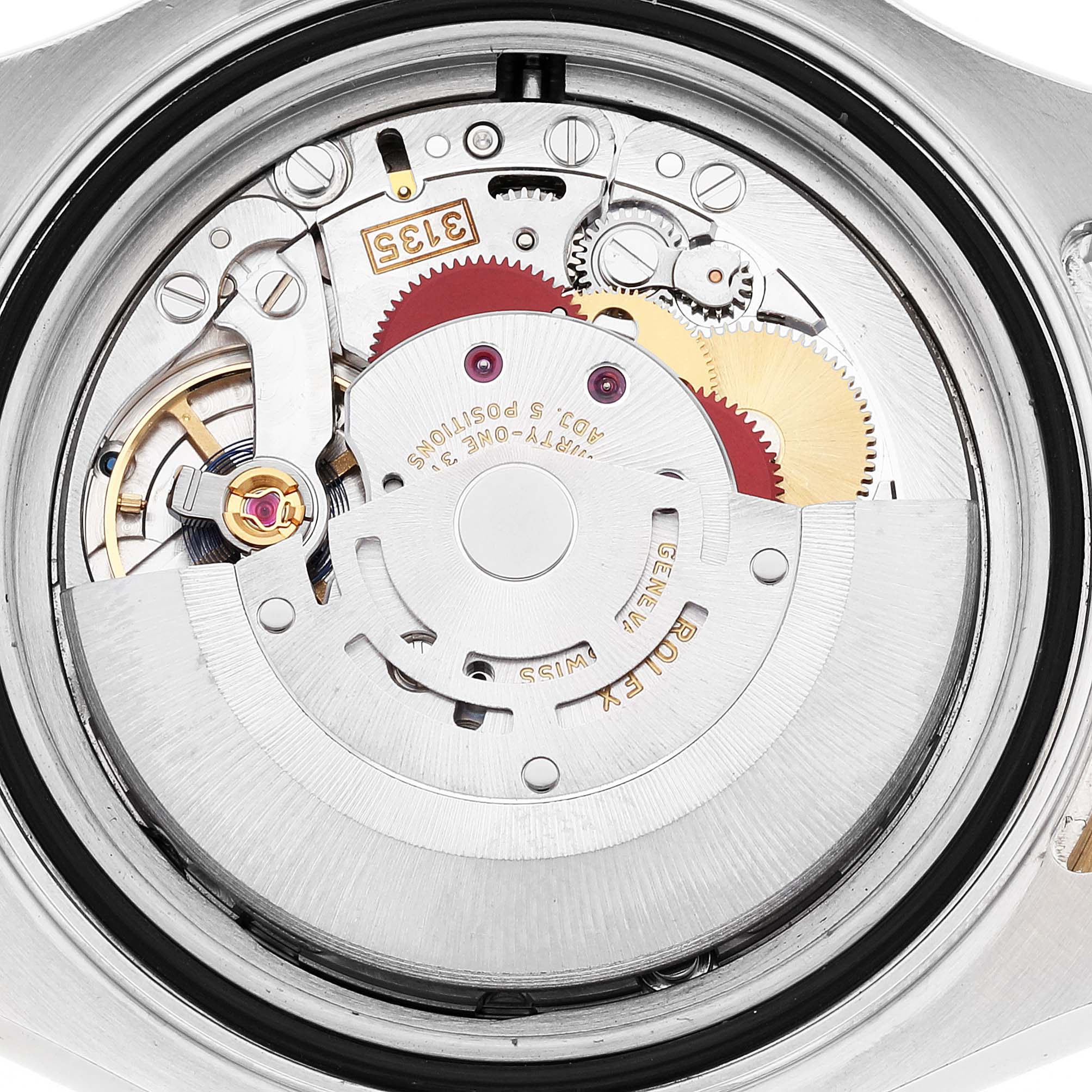 This image shows the internal movement parts of the Rolex Yacht-Master 16623 Men
s Stainless Steel White Dial 16623 Men
s Stainless Steel White Dial watch from a top-down view.
