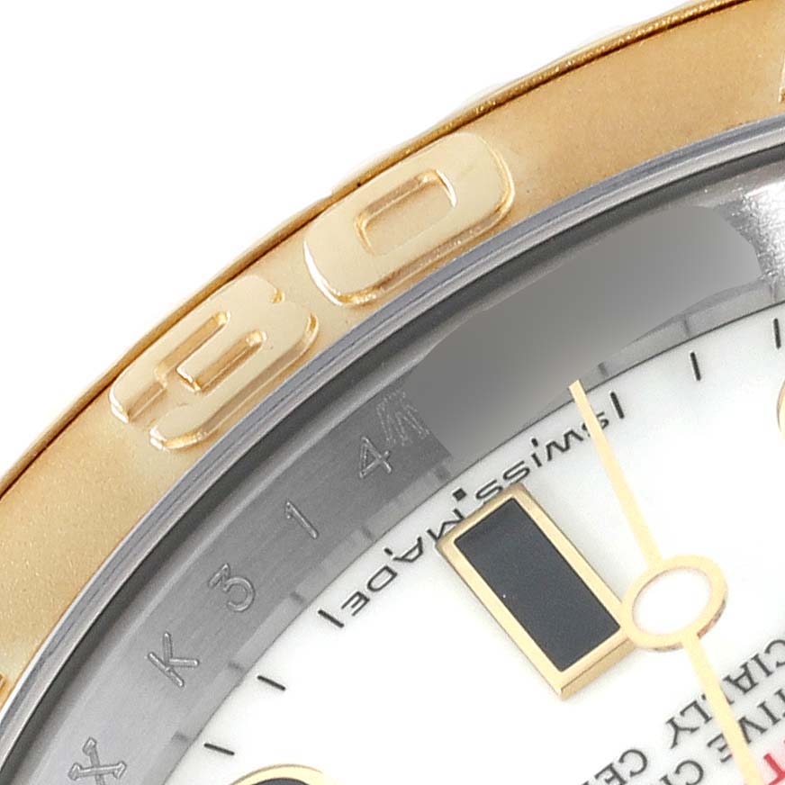 This close-up angle shows the bezel, part of the dial, and hour markers of the Rolex Yacht-Master 16623 Men
s Stainless Steel White Dial 16623 Men
s Stainless Steel White Dial watch.