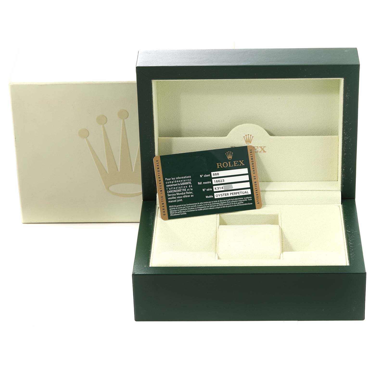 The image shows a Rolex Yacht-Master 16623 Men
s Stainless Steel White Dial 16623 Men
s Stainless Steel White Dial watch box with a warranty card positioned inside.