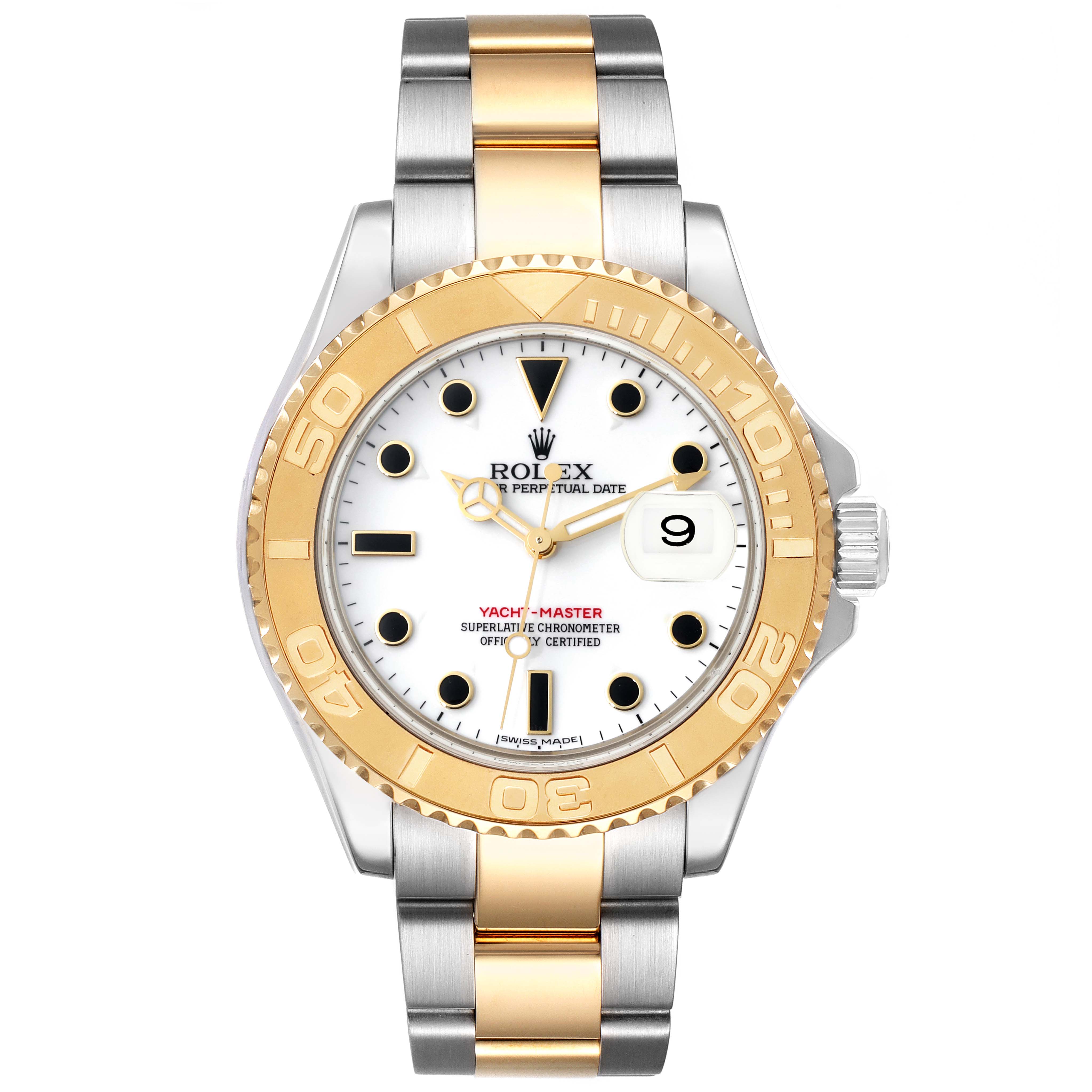 This image shows a front view of a Rolex Yacht-Master 16623 Men
s Stainless Steel White Dial 16623 Men
s Stainless Steel White Dial watch, highlighting its gold bezel, dial, and two-tone bracelet.