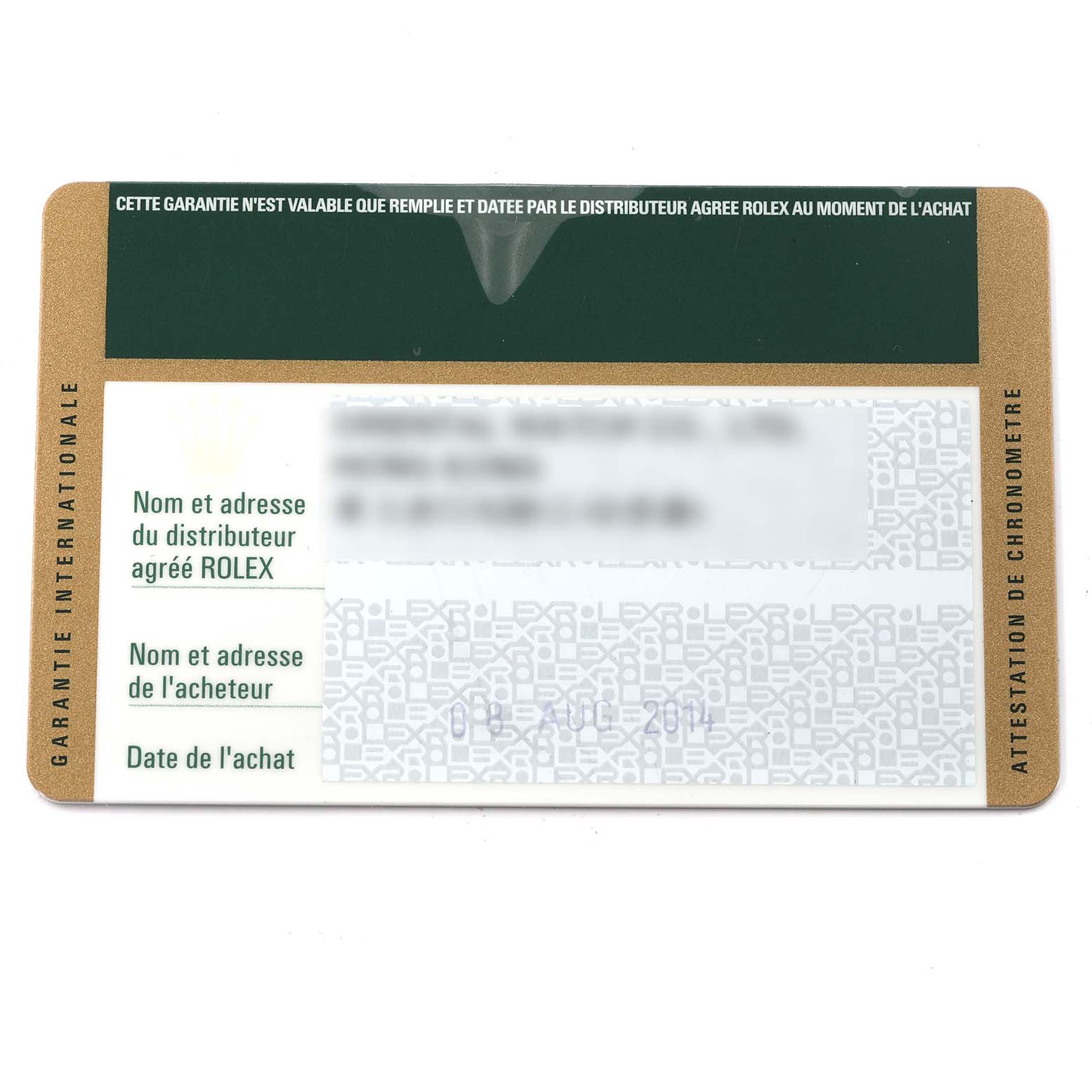 This image shows the warranty card for a Rolex Yacht-Master 16623 Men
s Stainless Steel White Dial 16623 Men
s Stainless Steel White Dial watch.