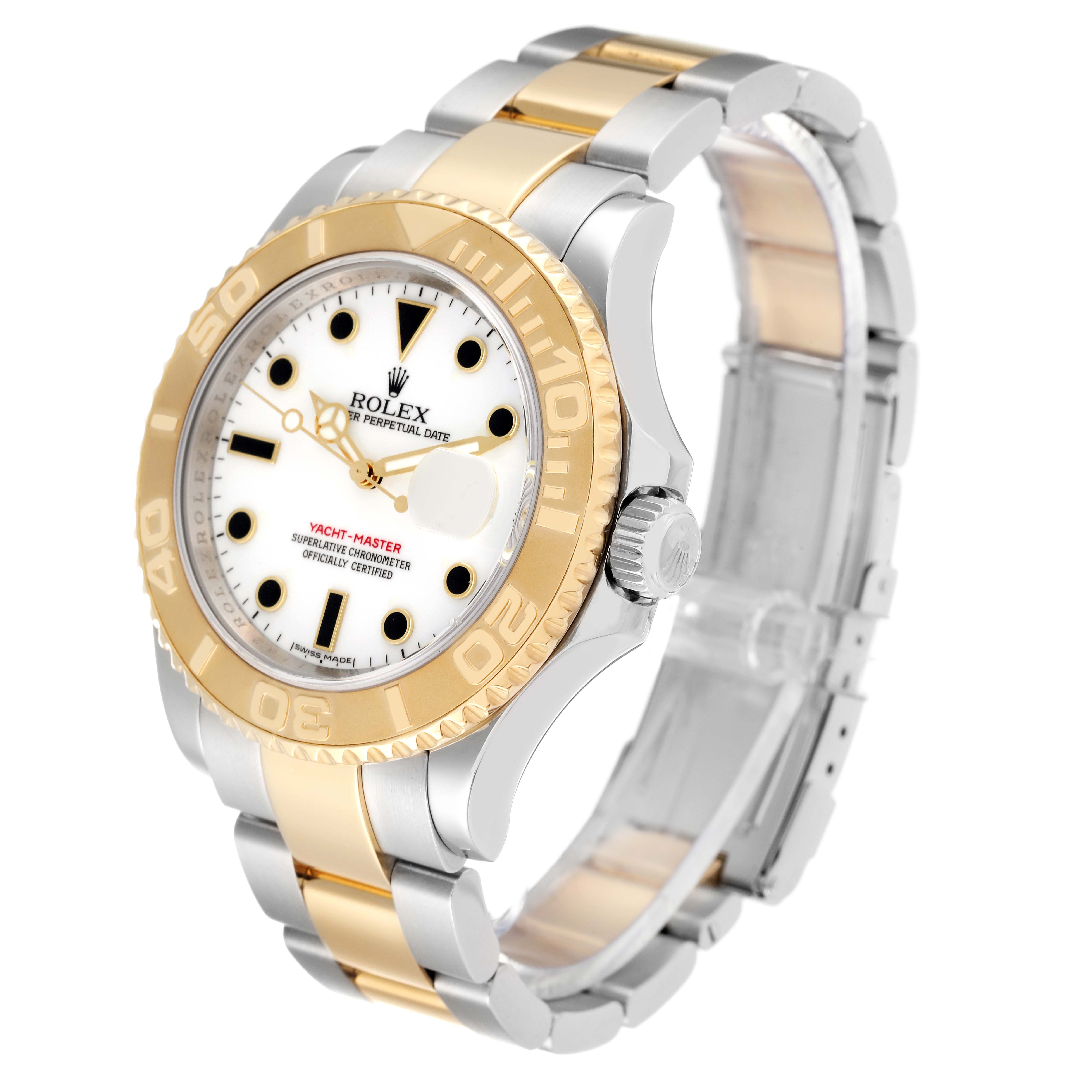 The image shows a side-angle view of the Rolex Yacht-Master 16623 Men
s Stainless Steel White Dial 16623 Men
s Stainless Steel White Dial watch, highlighting its bezel, dial, and bracelet.