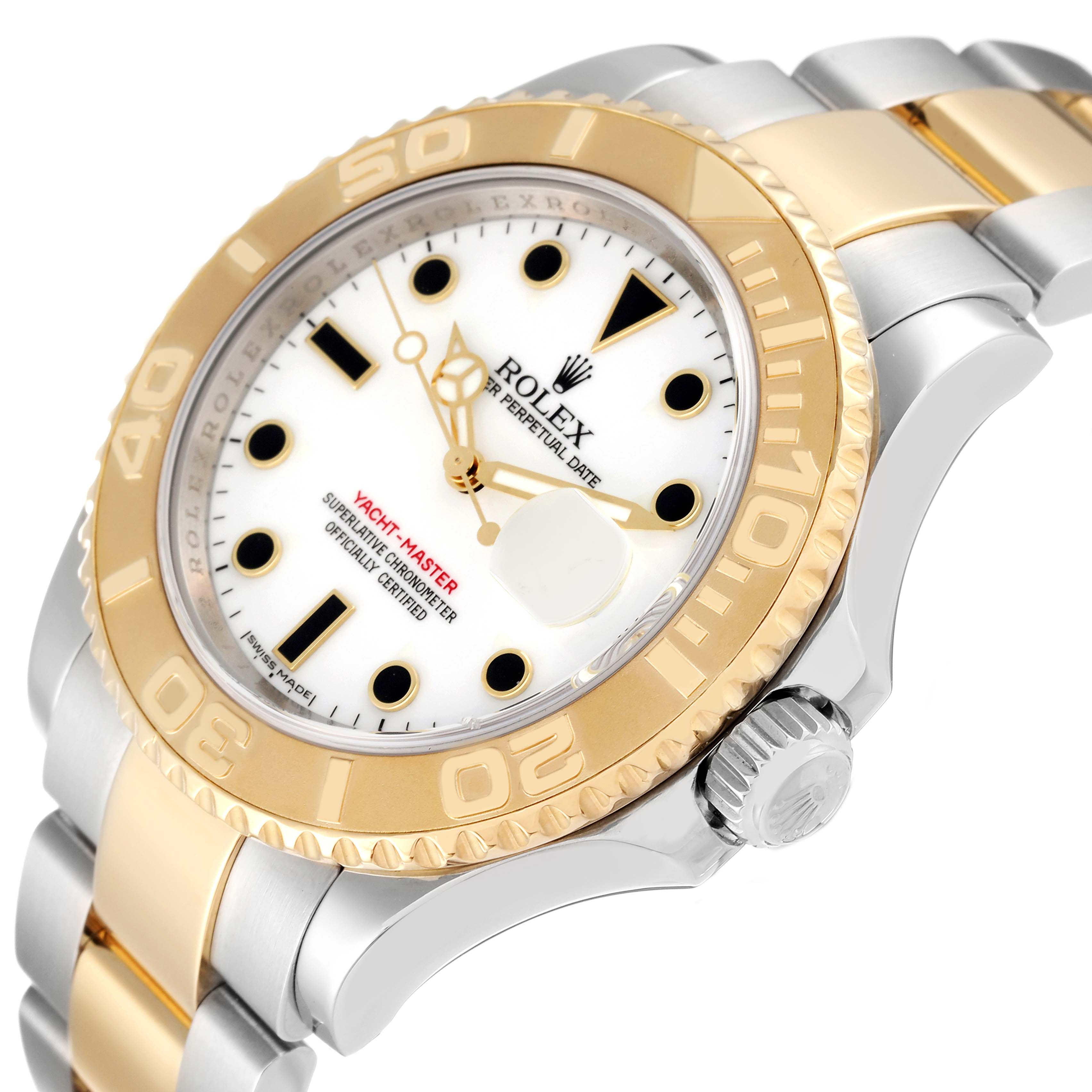 The image shows a Rolex Yacht-Master 16623 Men
s Stainless Steel White Dial 16623 Men
s Stainless Steel White Dial watch at an angled close-up, highlighting the bezel, dial, and part of the bracelet.