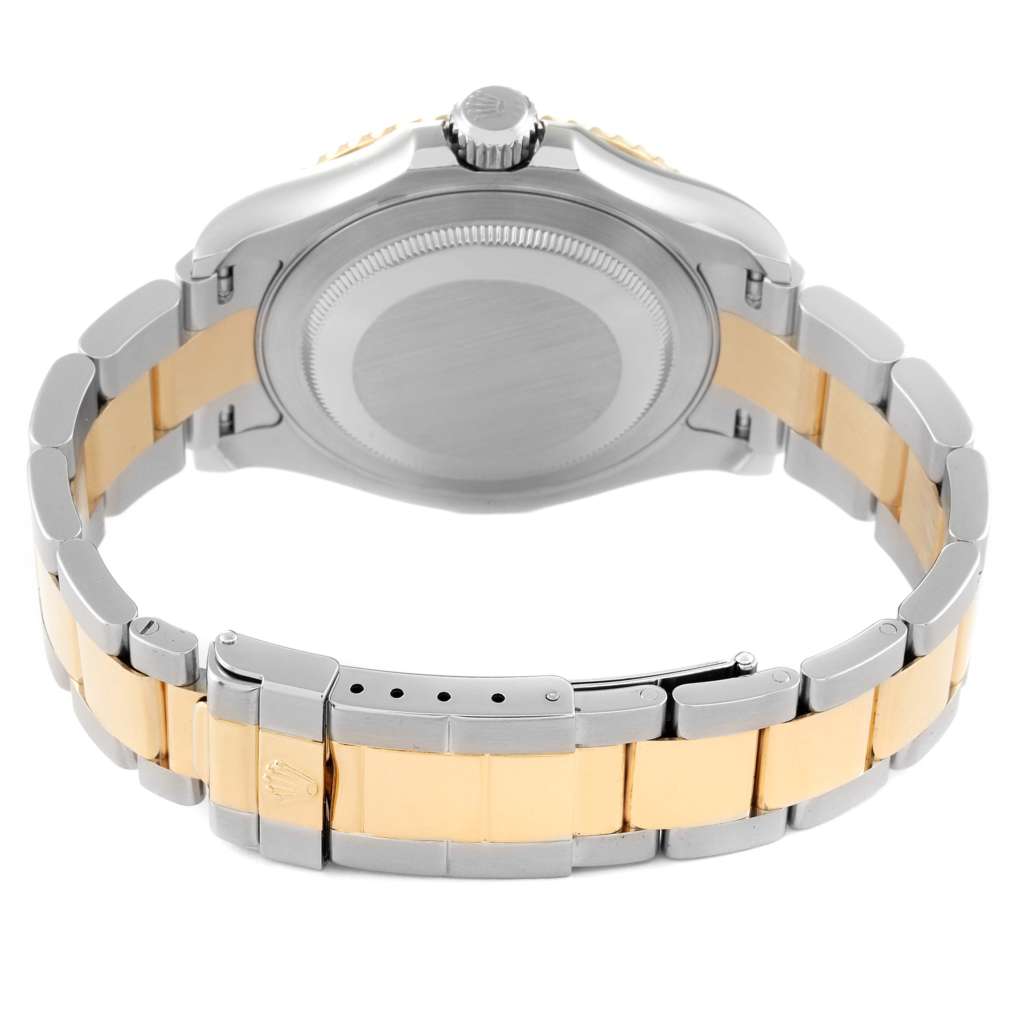 This image shows a rear view of the Rolex Yacht-Master 16623 Men
s Stainless Steel White Dial 16623 Men
s Stainless Steel White Dial watch highlighting the watch case back and two-tone bracelet.