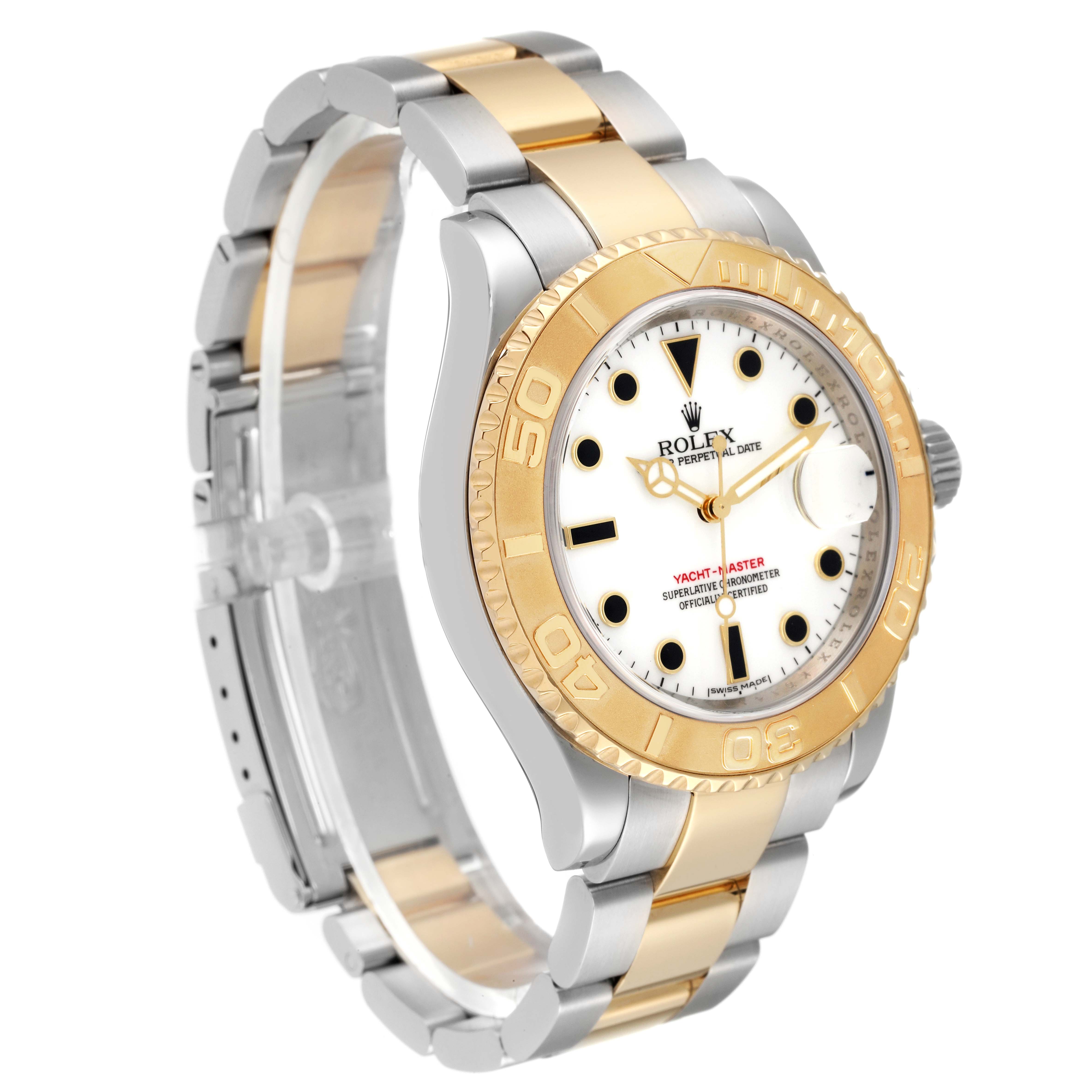 The image shows a Rolex Yacht-Master 16623 Men
s Stainless Steel White Dial 16623 Men
s Stainless Steel White Dial watch at a 3/4 angle, displaying its two-tone bracelet, bezel, and white dial.