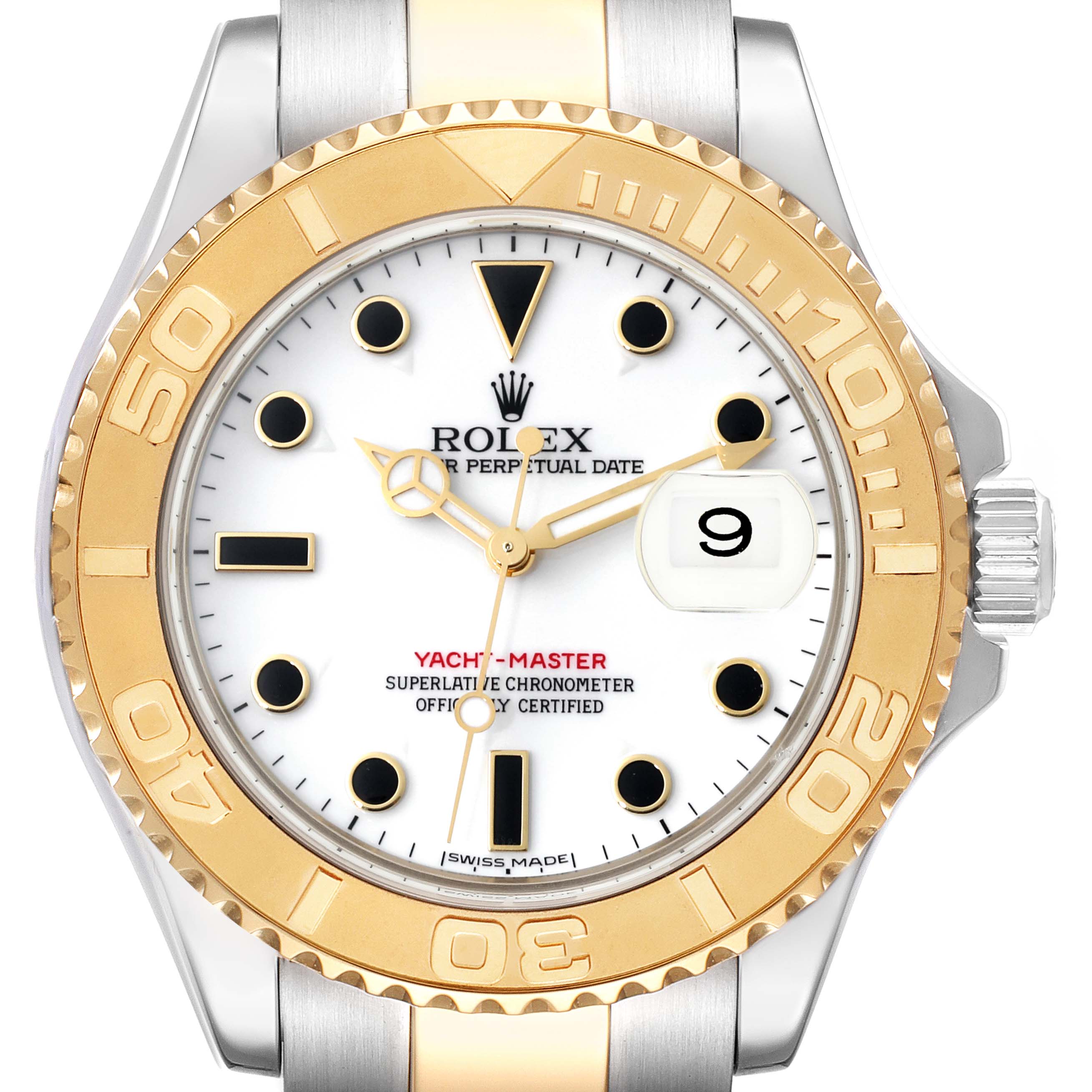 The image shows a frontal view of the Rolex Yacht-Master 16623 Men
s Stainless Steel White Dial 16623 Men
s Stainless Steel White Dial watch, highlighting the white dial, gold bezel, and date window.