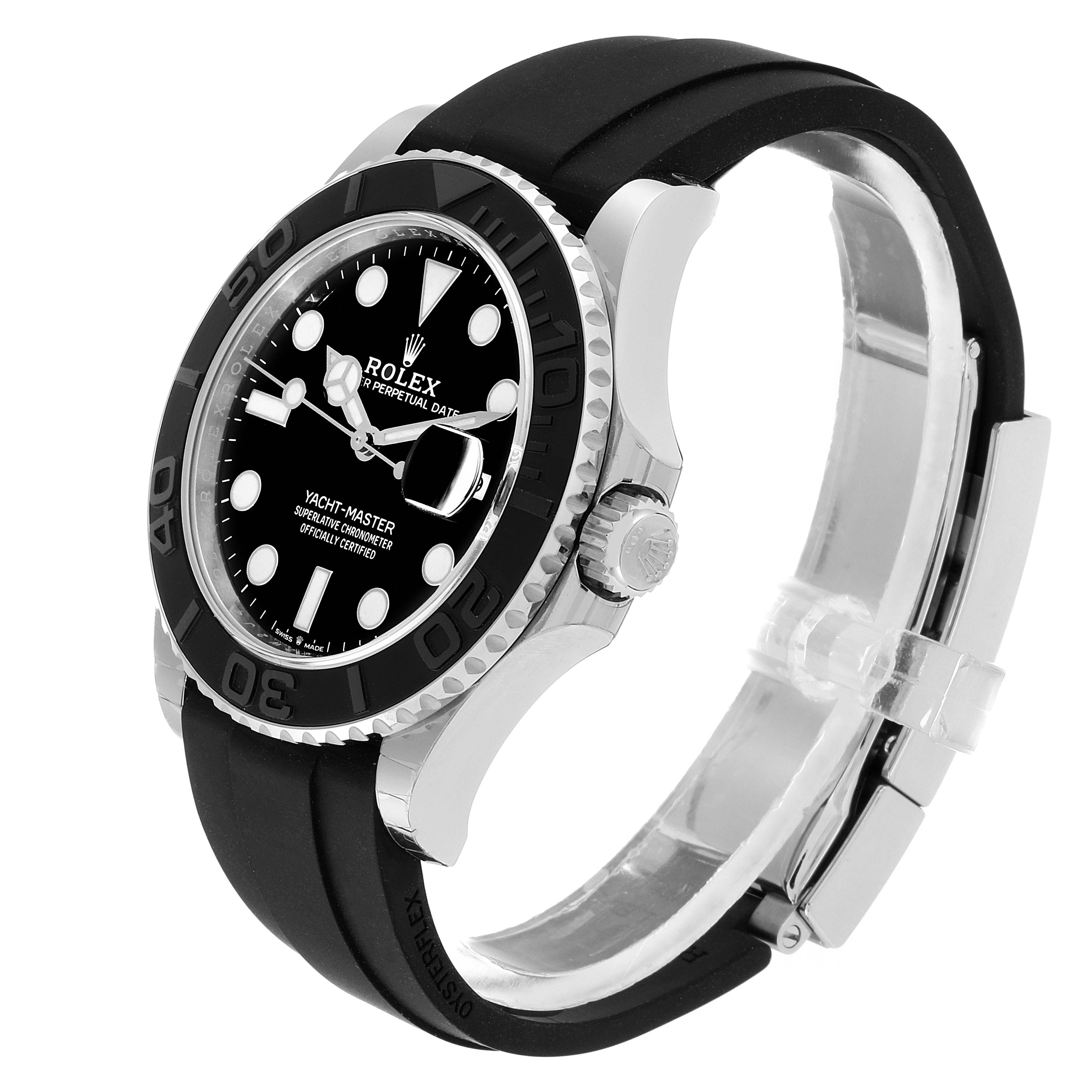 The image shows a Rolex Yacht-Master 226659 Men's Stainless Steel Black Dial 226659 Men's Stainless Steel Black Dial watch at a side angle, highlighting its black dial, rotating bezel, and black strap.