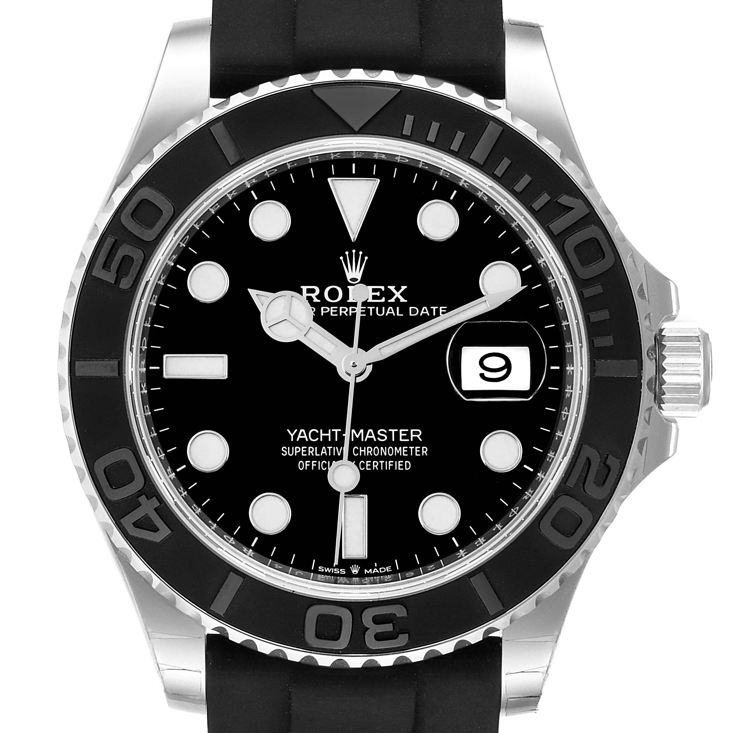 The Rolex Yacht-Master 226659 Men's Stainless Steel Black Dial 226659 Men's Stainless Steel Black Dial watch is shown from a front angle, highlighting its black dial, date window, and bezel with numerical markings.