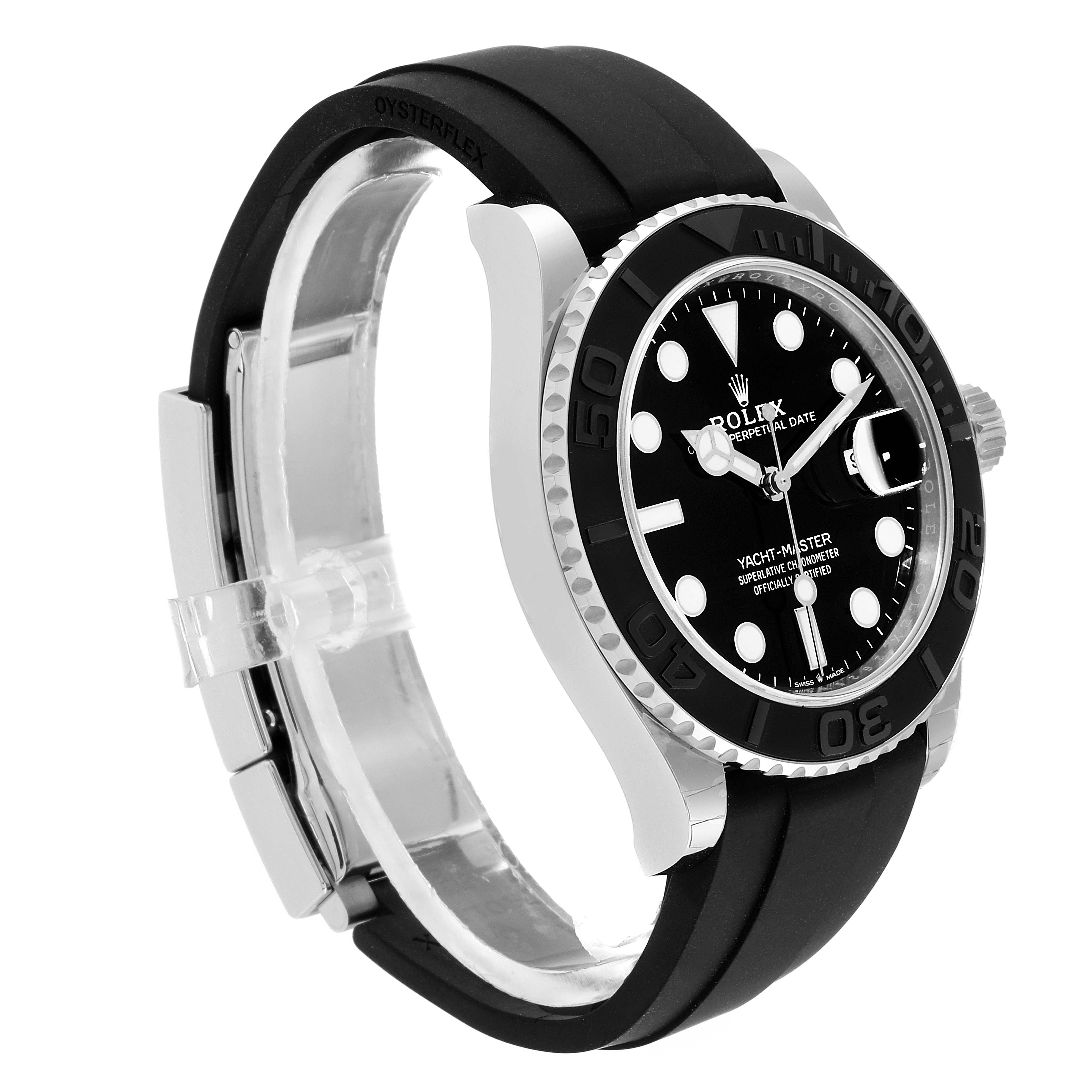 This image shows a side angle of a Rolex Yacht-Master 226659 Men's Stainless Steel Black Dial 226659 Men's Stainless Steel Black Dial watch, highlighting the face, bezel, and Oysterflex strap.