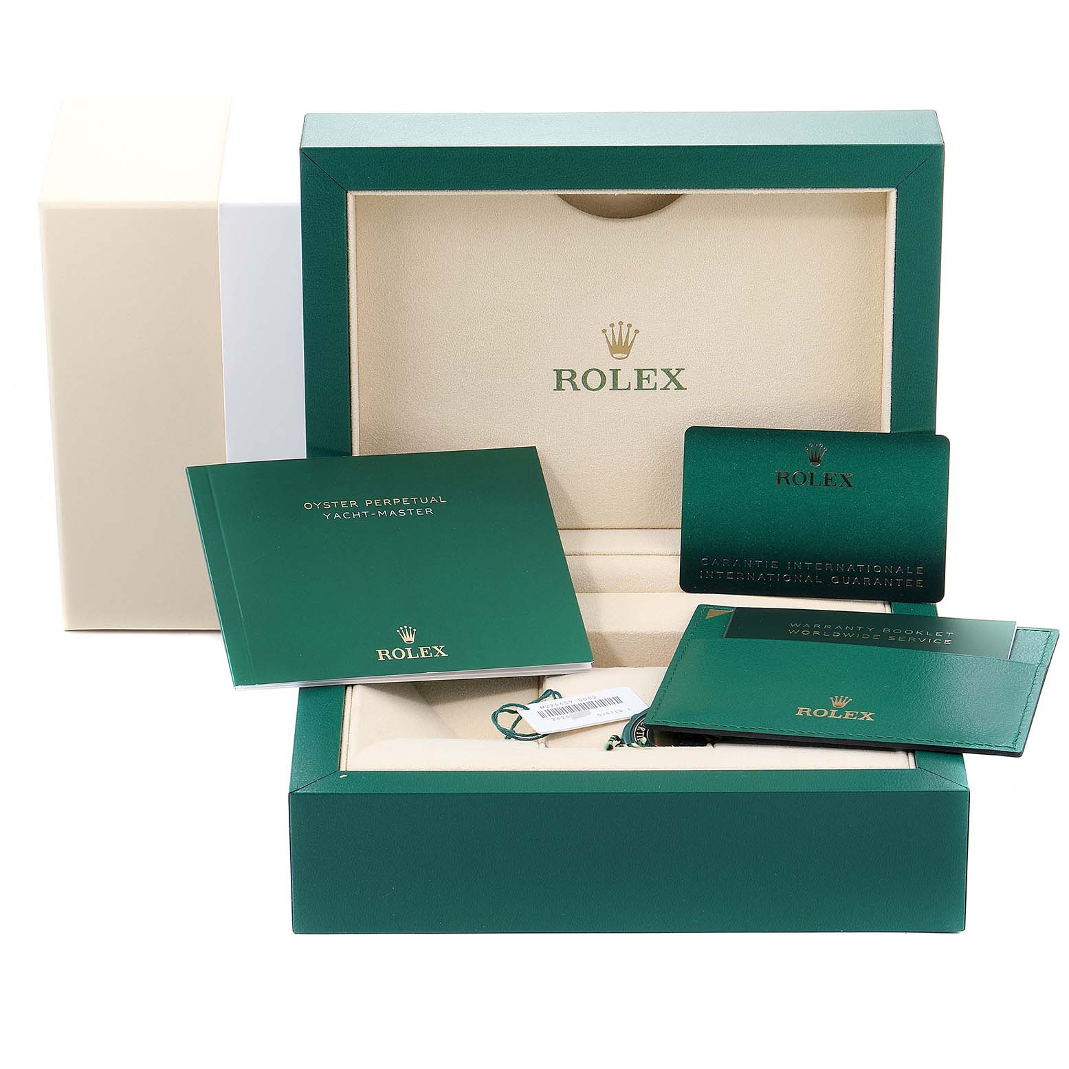 The image shows the box, warranty card, instruction manual, and other accessories for a Rolex Yacht-Master 226659 Men's Stainless Steel Black Dial 226659 Men's Stainless Steel Black Dial watch.