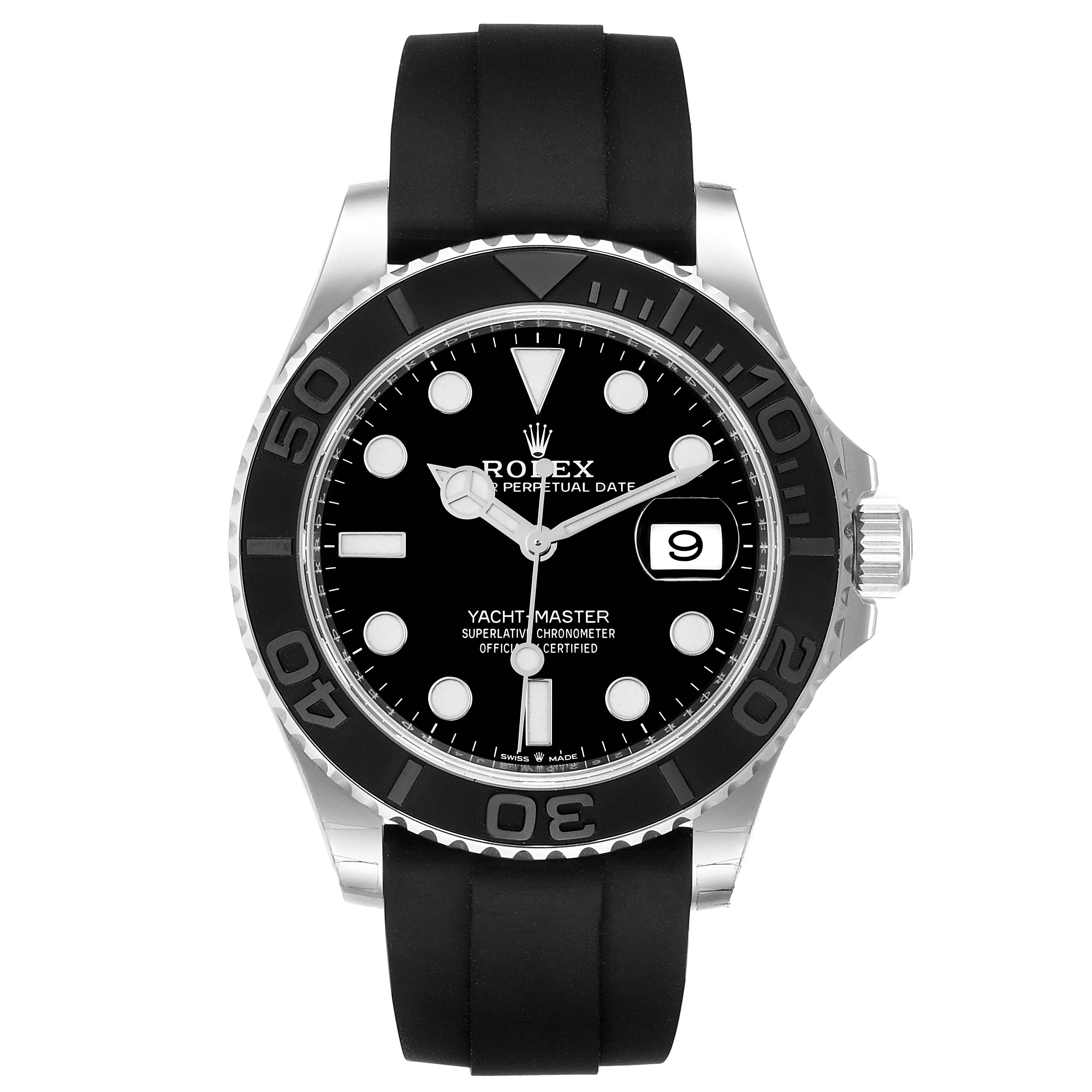 The image shows a front view of the Rolex Yacht-Master 226659 Men's Stainless Steel Black Dial 226659 Men's Stainless Steel Black Dial watch, displaying the dial, bezel, crown, and rubber strap.
