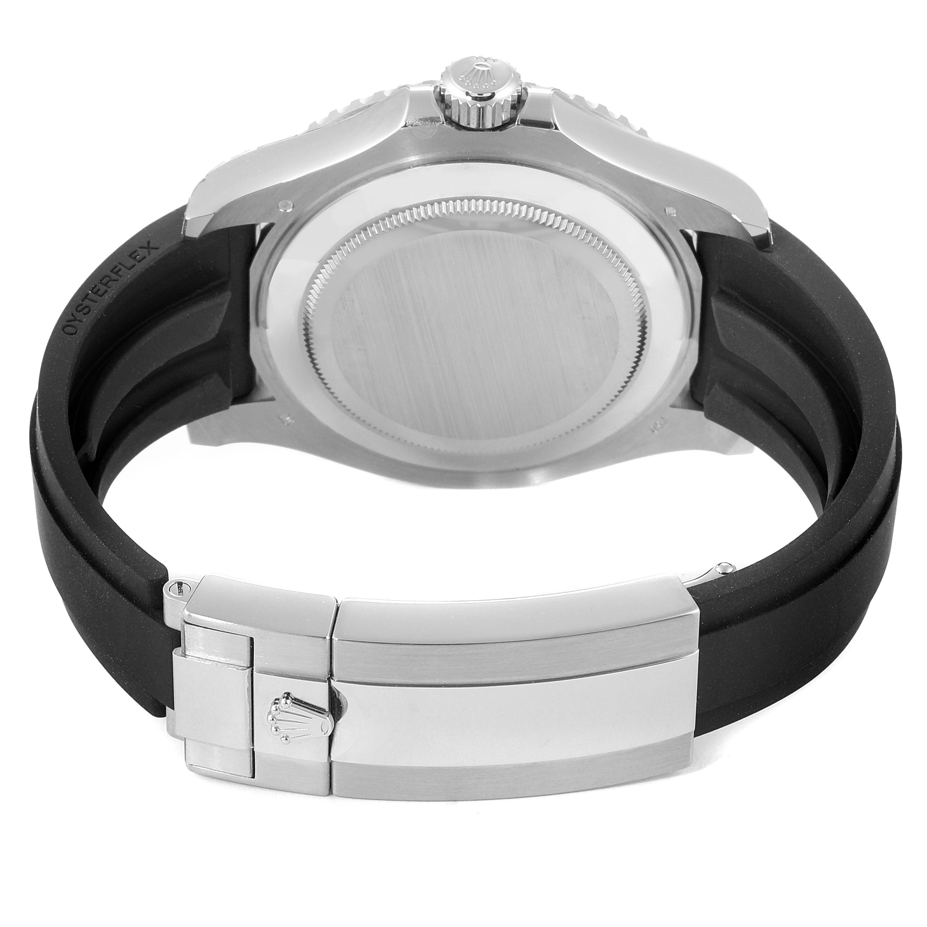 This image shows the back view of a Rolex Yacht-Master 226659 Men's Stainless Steel Black Dial 226659 Men's Stainless Steel Black Dial watch, displaying the case back, crown, and Oysterflex bracelet with its clasp.