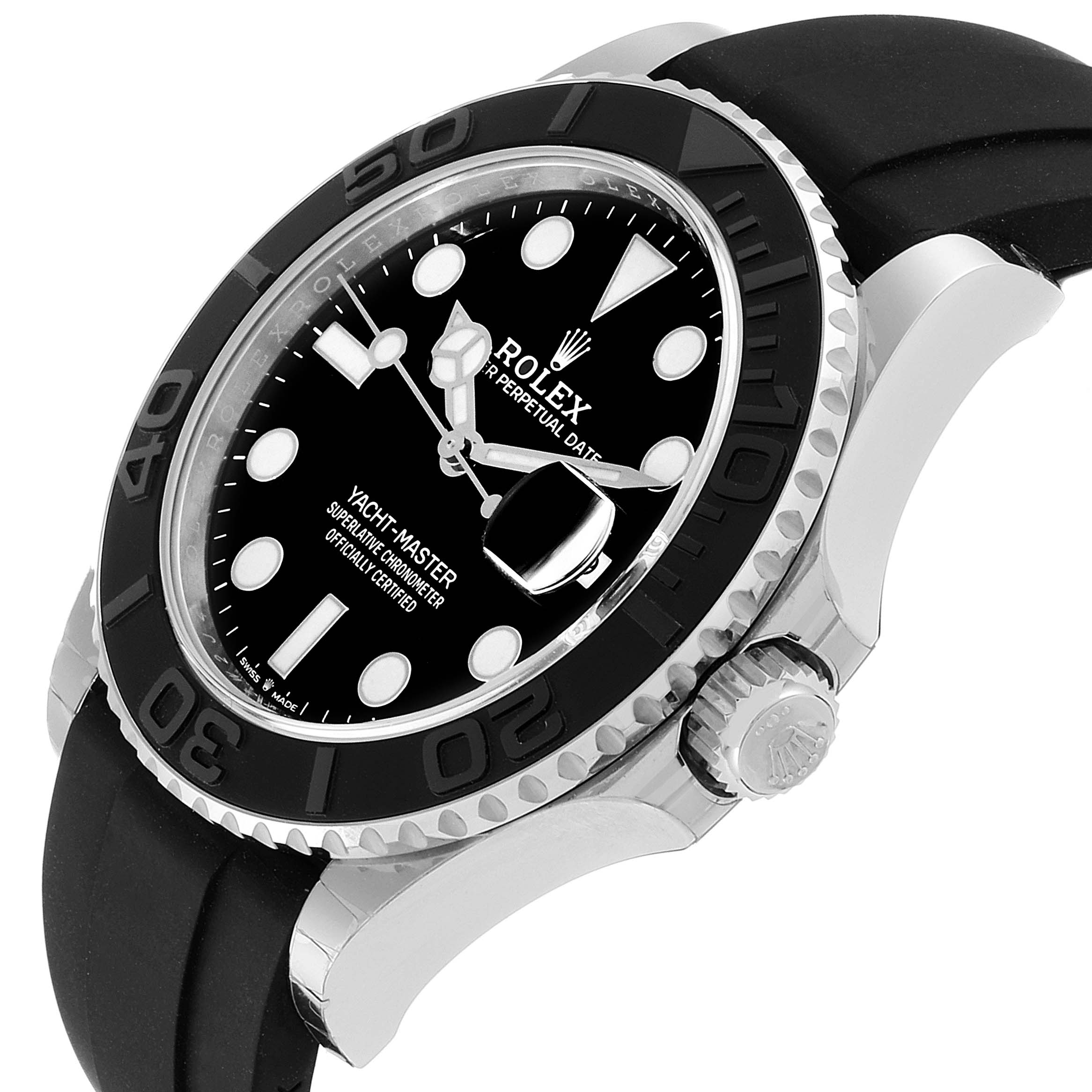 The Rolex Yacht-Master 226659 Men's Stainless Steel Black Dial 226659 Men's Stainless Steel Black Dial watch is shown at an angled side view, highlighting the dial, bezel, crown, and part of the strap.