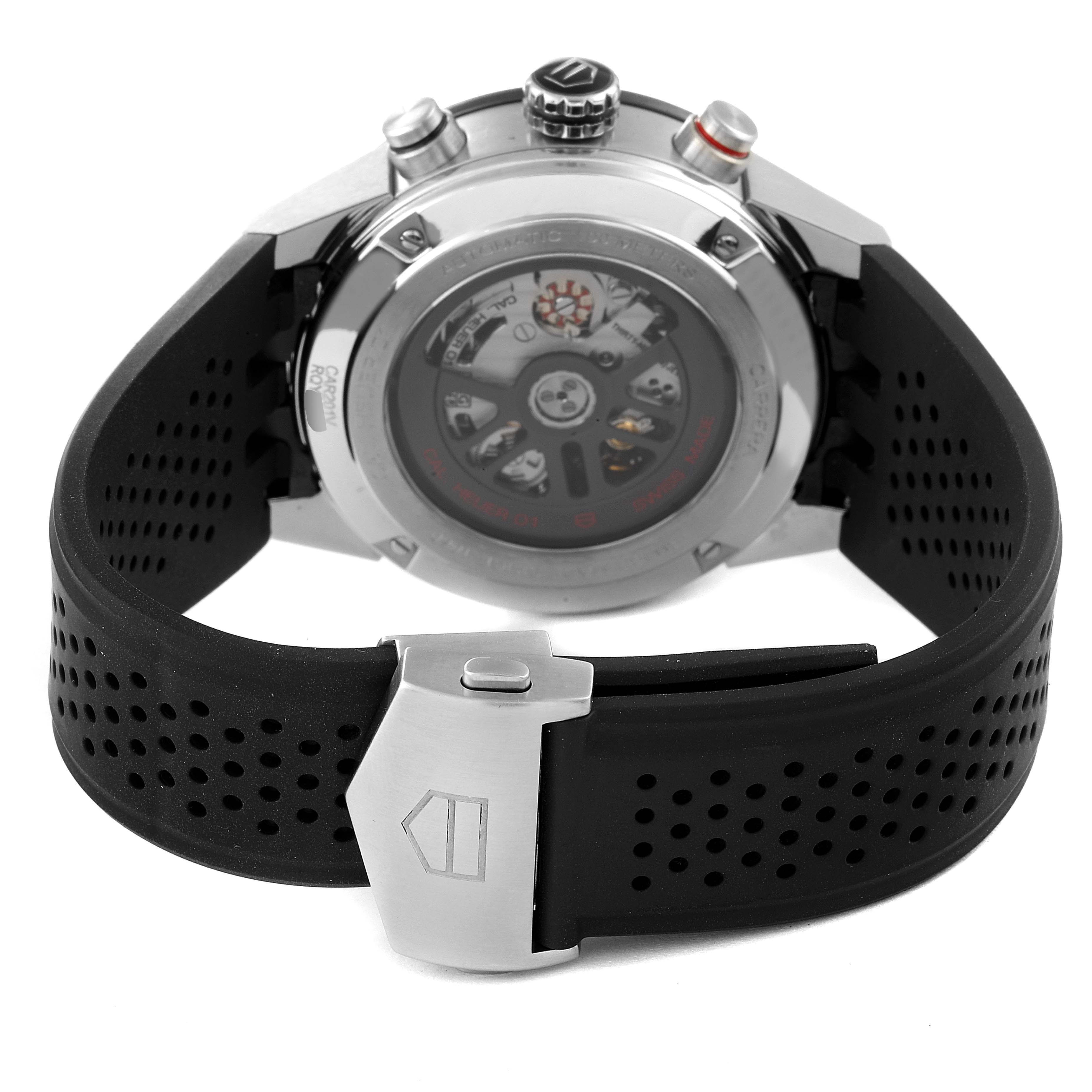 The image shows the back view of the Tag Heuer Carrera CAR201V.BA0714 Men's Stainless Steel Black Dial CAR201V.BA0714 Men's Stainless Steel Black Dial watch, focusing on the case back, crown, pushers, and black perforated strap.