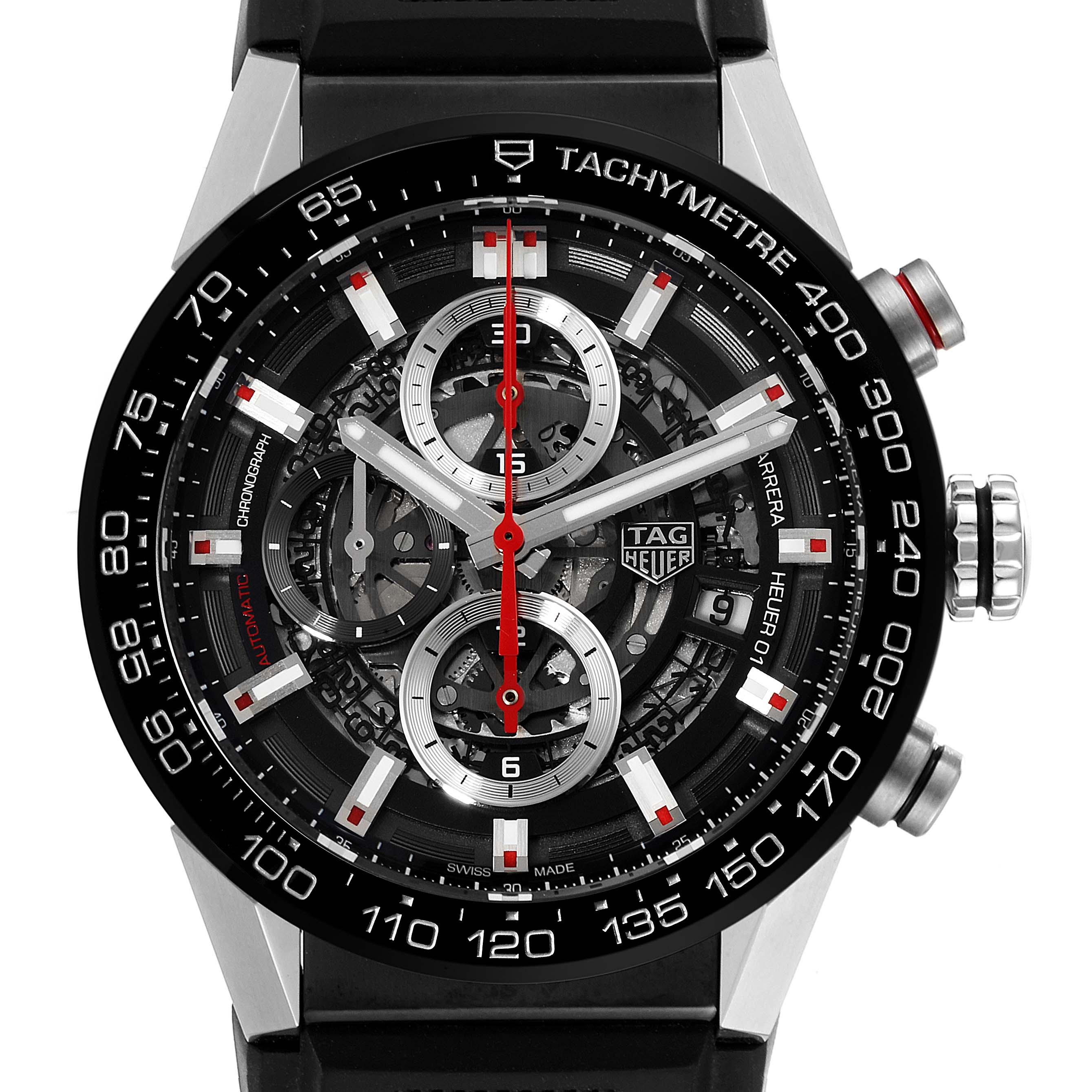 This Tag Heuer Carrera CAR201V.BA0714 Men's Stainless Steel Black Dial CAR201V.BA0714 Men's Stainless Steel Black Dial watch is shown from a front angle, highlighting the face, chronograph subdials, and tachymeter bezel.