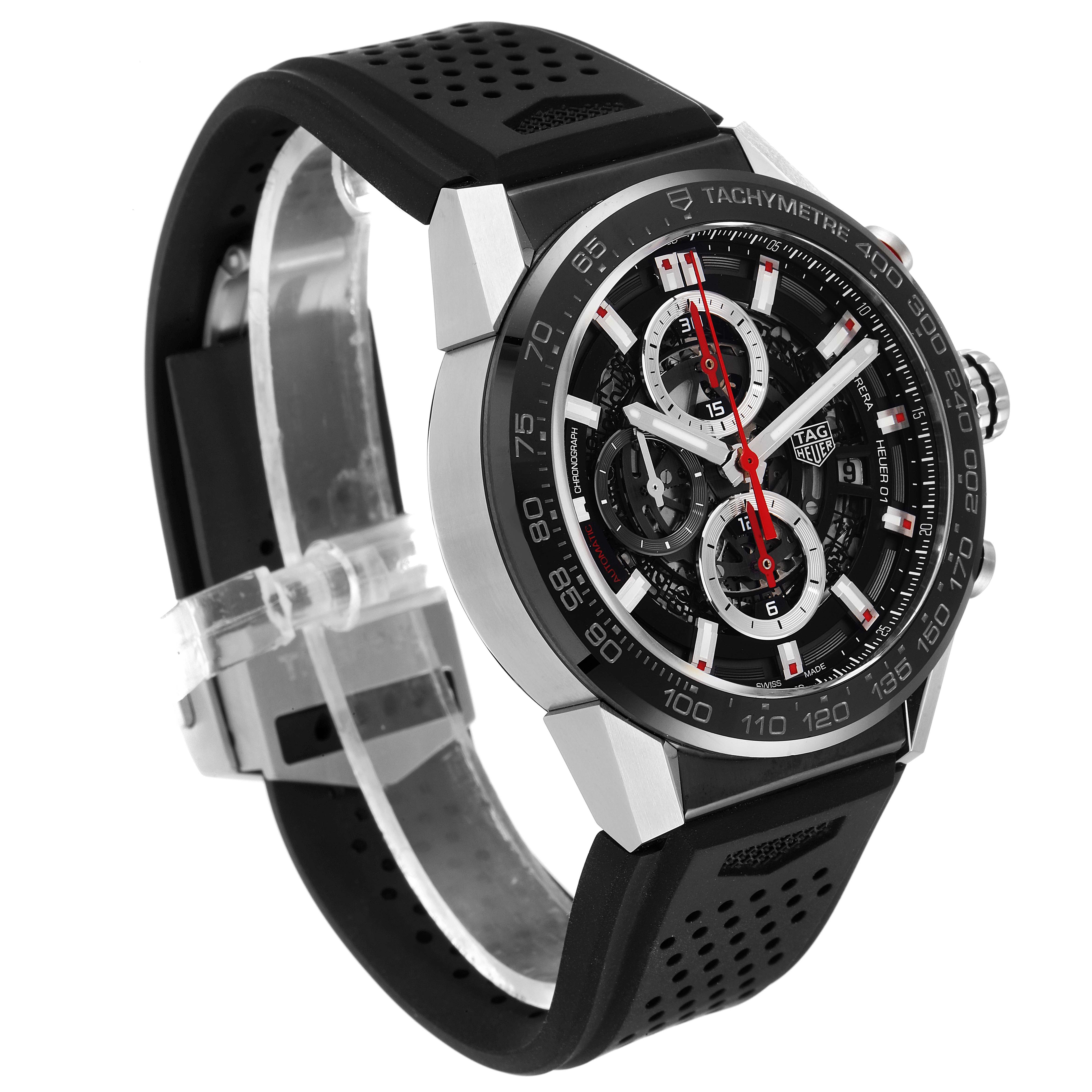 The image shows the front and side view of the Tag Heuer Carrera CAR201V.BA0714 Men's Stainless Steel Black Dial CAR201V.BA0714 Men's Stainless Steel Black Dial watch, highlighting its dial, bezel, and black strap.