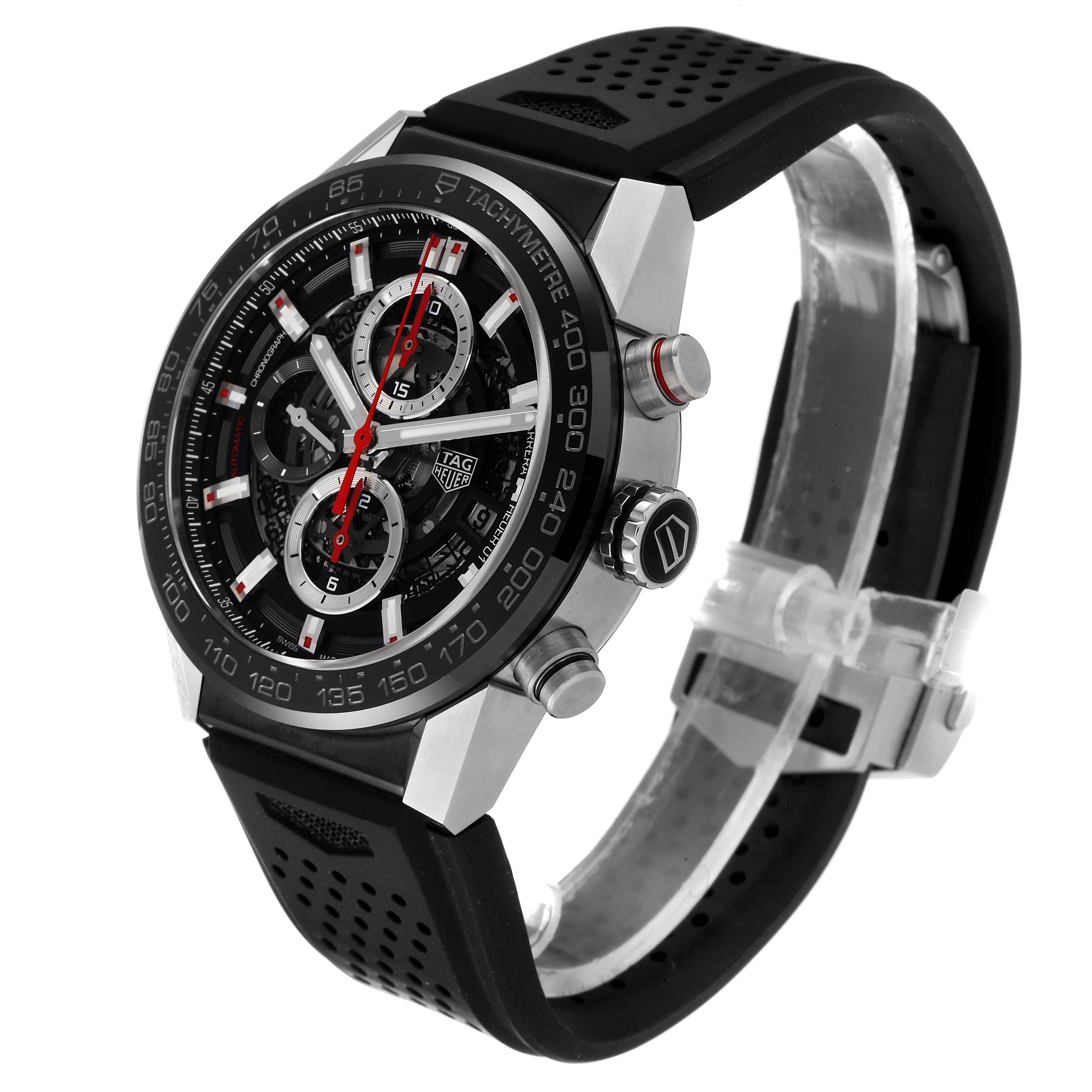 The Tag Heuer Carrera CAR201V.BA0714 Men's Stainless Steel Black Dial CAR201V.BA0714 Men's Stainless Steel Black Dial watch is shown at a three-quarter angle displaying the face, side buttons, and partial strap.