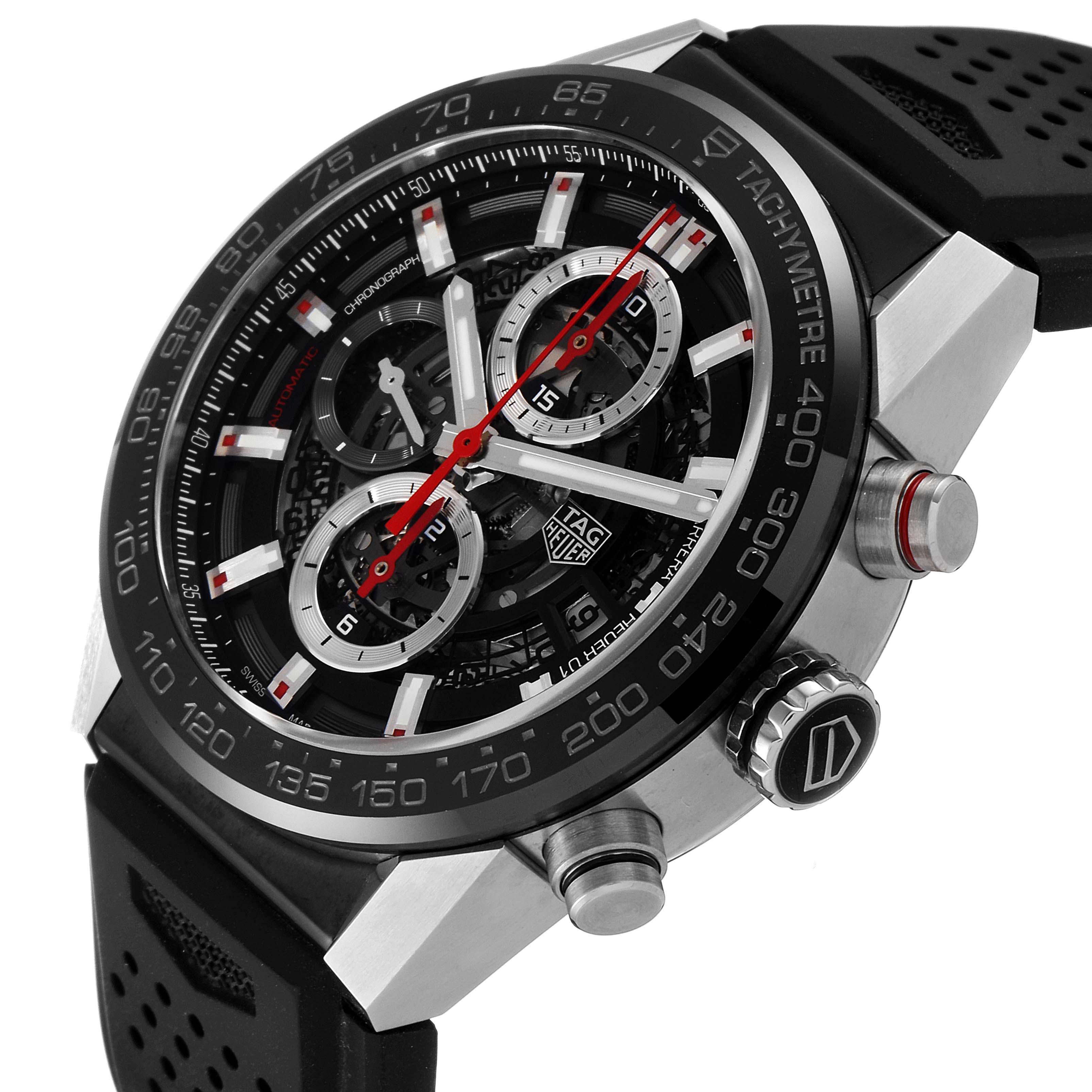 The image shows a side angle of the Tag Heuer Carrera CAR201V.BA0714 Men's Stainless Steel Black Dial CAR201V.BA0714 Men's Stainless Steel Black Dial watch, highlighting the bezel, chronograph dials, push buttons, and crown.