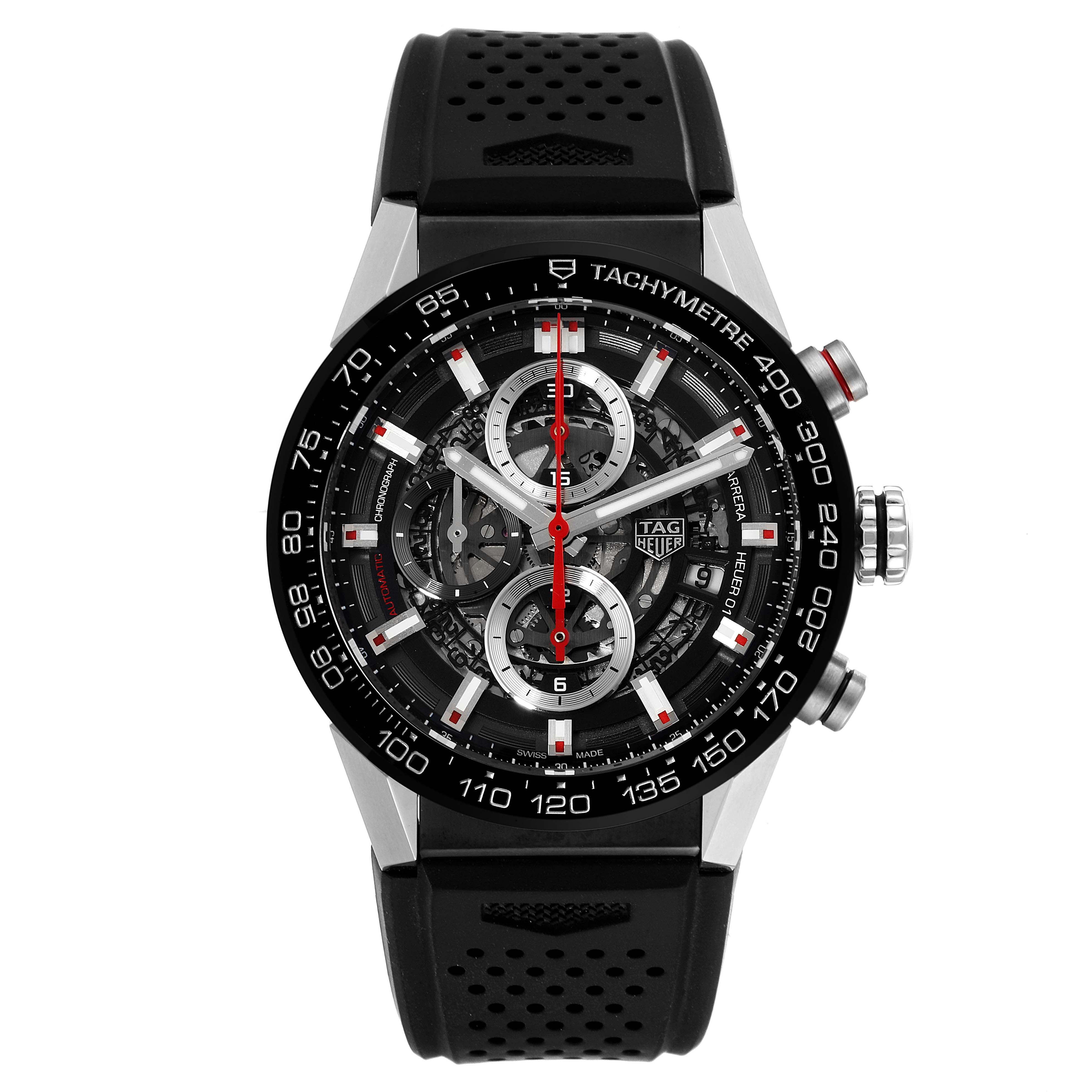 The image shows a frontal view of a Tag Heuer Carrera CAR201V.BA0714 Men's Stainless Steel Black Dial CAR201V.BA0714 Men's Stainless Steel Black Dial model watch with a black rubber strap and tachymeter bezel.