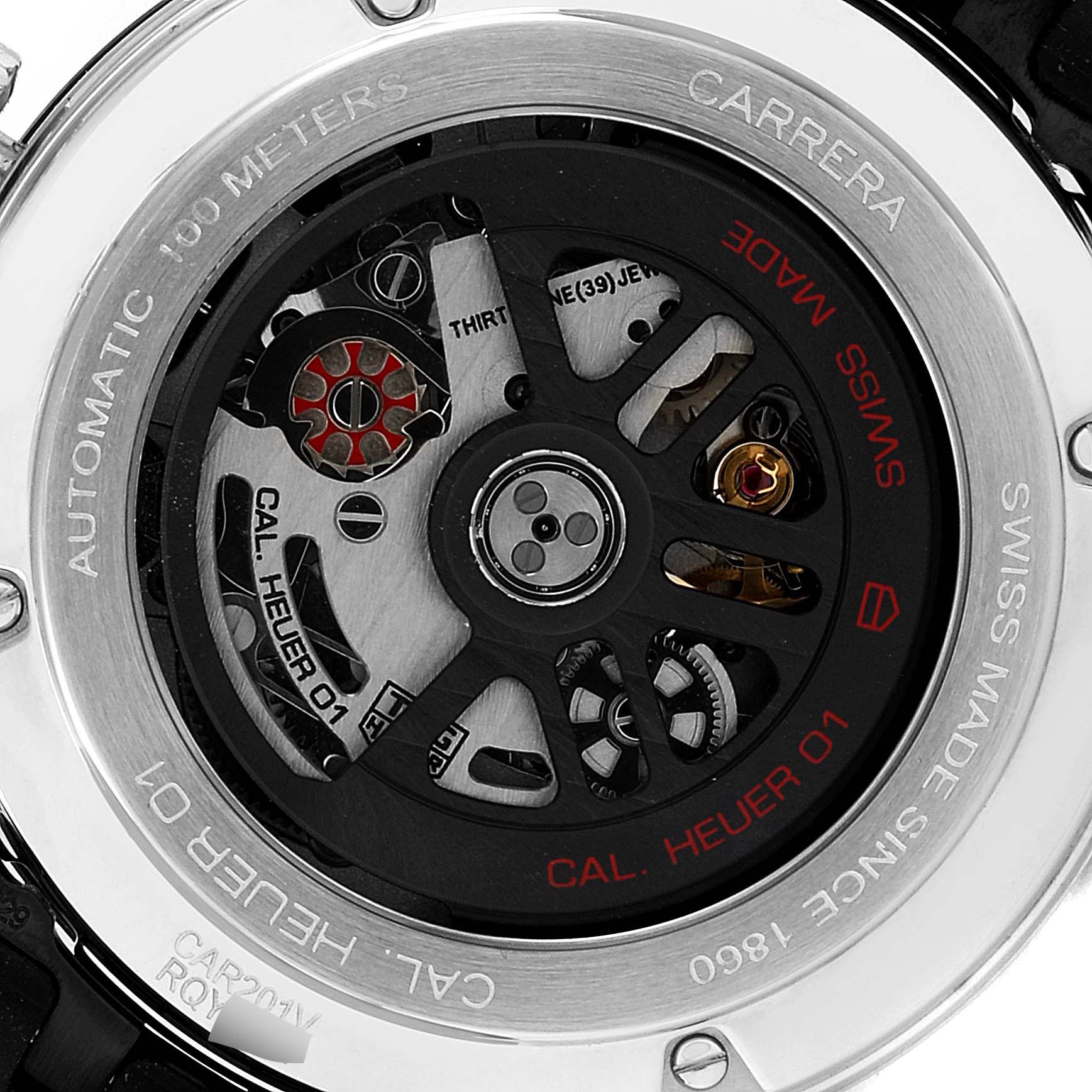 The image shows a close-up view of the back of a Tag Heuer Carrera CAR201V.BA0714 Men's Stainless Steel Black Dial CAR201V.BA0714 Men's Stainless Steel Black Dial watch, highlighting the Cal. Heuer 01 movement.