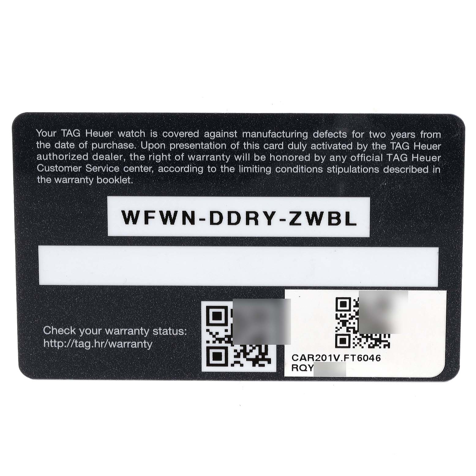 This image shows the warranty card for the Carrera model by Tag Heuer, displaying the warranty code and a QR code.