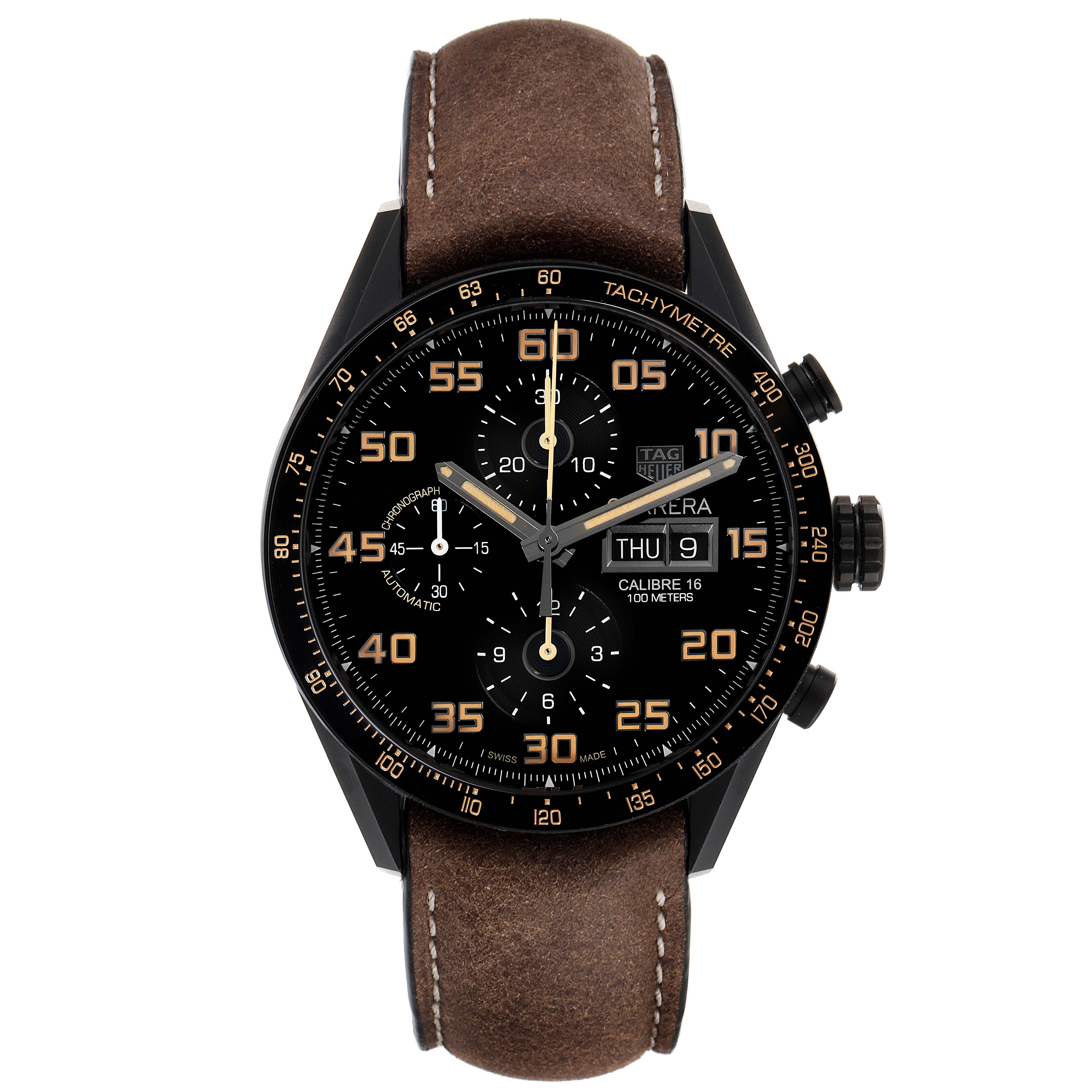 The image shows a front view of the Tag Heuer Carrera CV2A84.FC6394 Men
s Titanium Black Dial CV2A84.FC6394 Men
s Titanium Black Dial watch, featuring its face, crown, pushers, and leather strap.