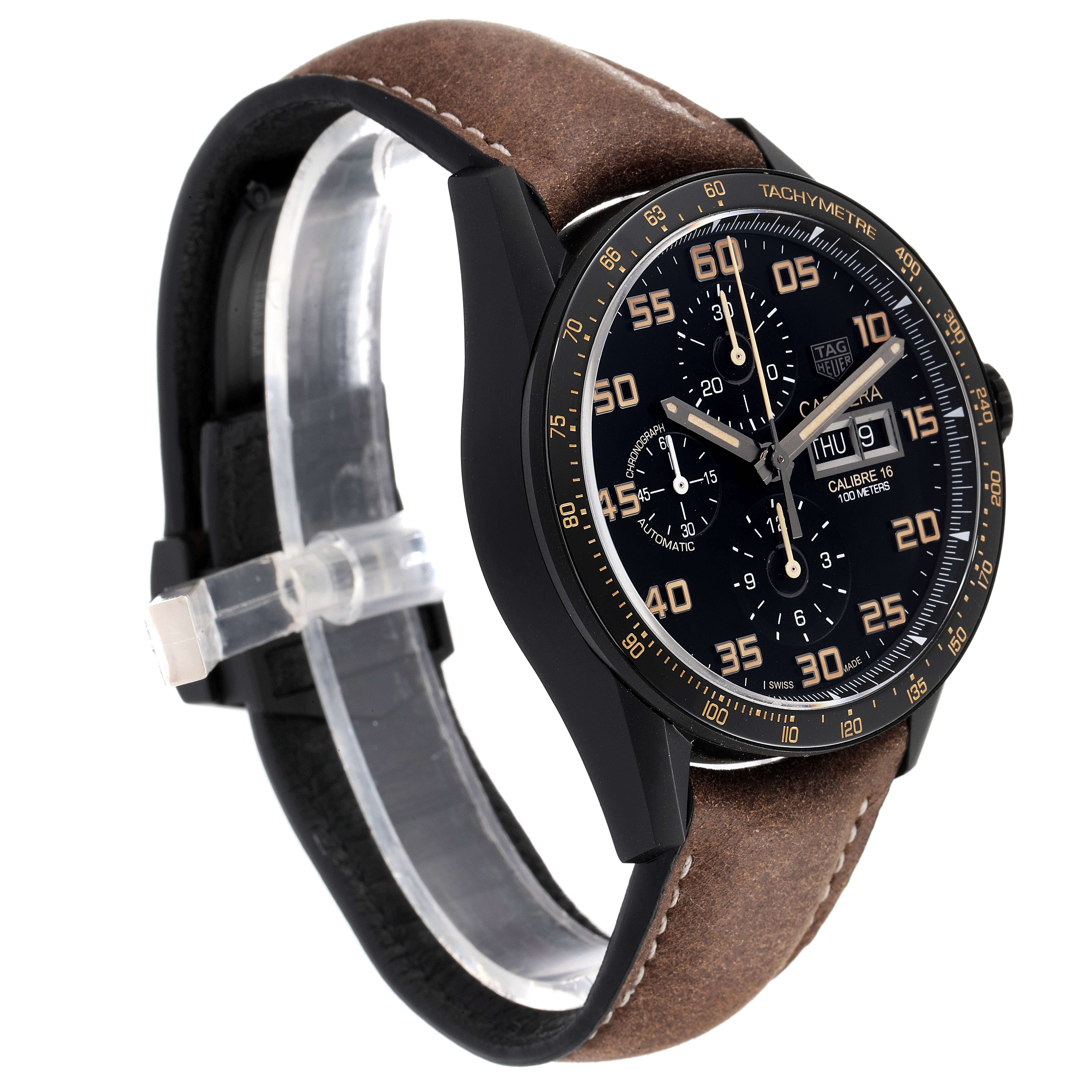 The Tag Heuer Carrera CV2A84.FC6394 Men
s Titanium Black Dial CV2A84.FC6394 Men
s Titanium Black Dial watch is shown at an angle highlighting the face, bezel, and leather strap.