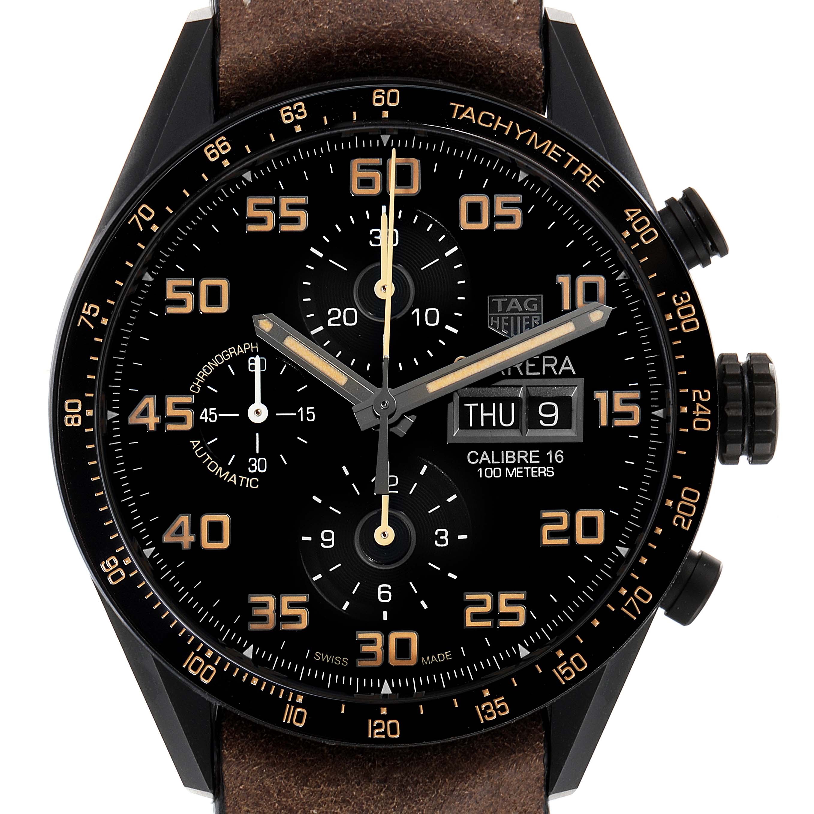 The image shows a front view of a Tag Heuer Carrera CV2A84.FC6394 Men
s Titanium Black Dial CV2A84.FC6394 Men
s Titanium Black Dial watch, highlighting its dial, chronograph subdials, and tachymetre scale.