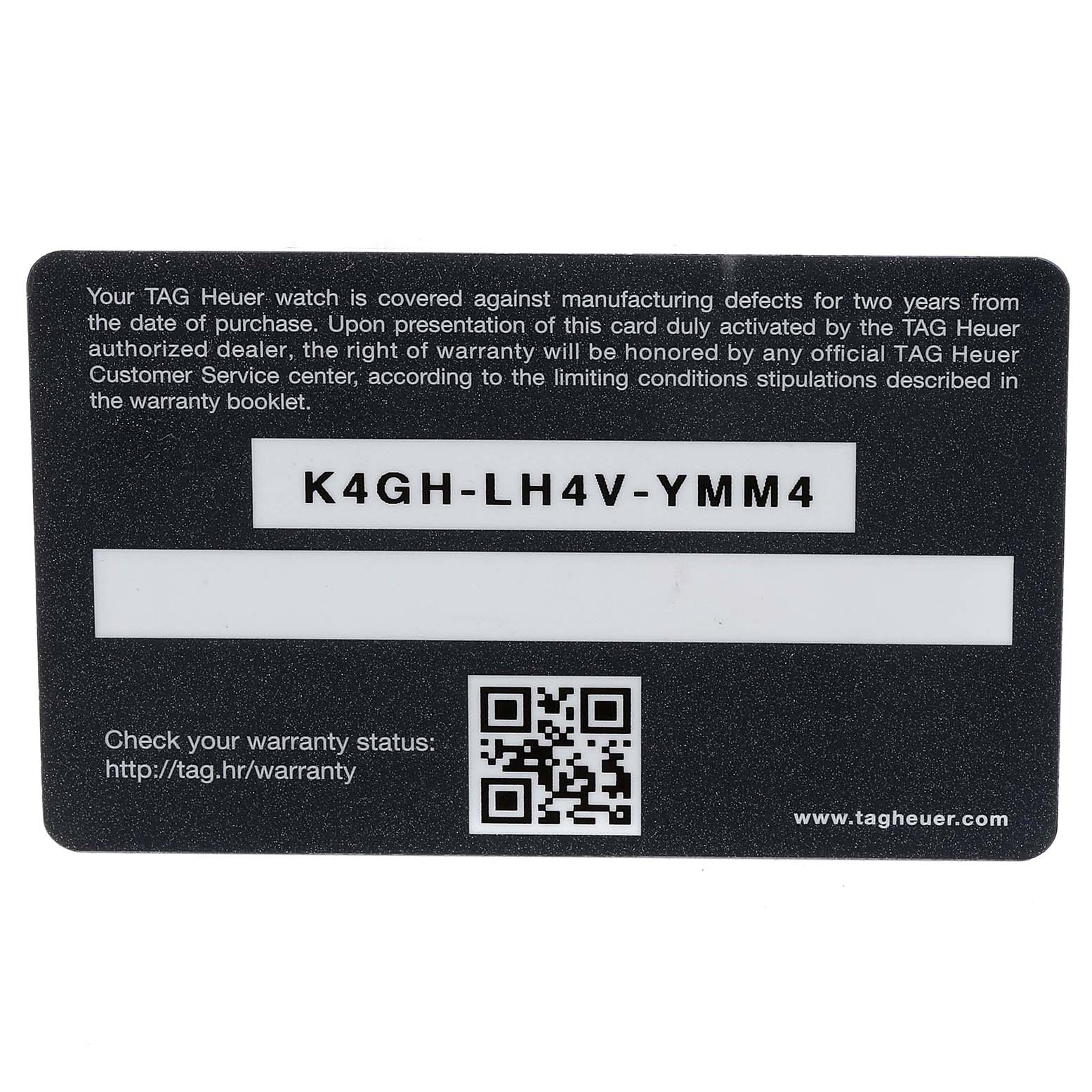 The image shows a warranty card for the Tag Heuer Carrera CV2A84.FC6394 Men
s Titanium Black Dial CV2A84.FC6394 Men
s Titanium Black Dial watch with a QR code and warranty information.