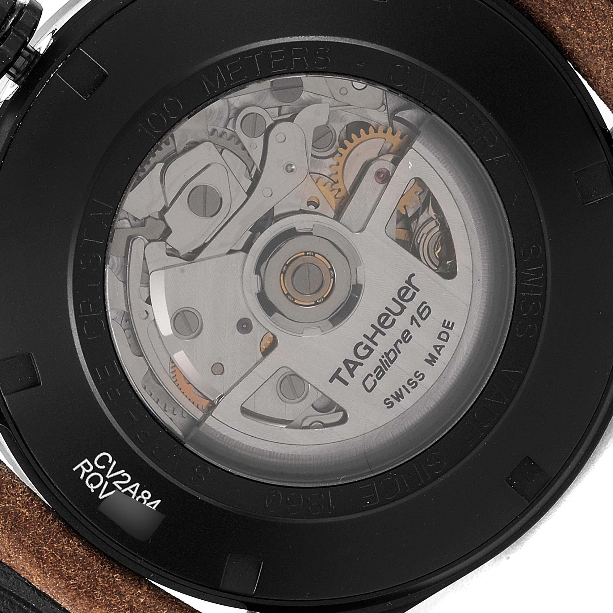 The image shows the back view of the Tag Heuer Carrera CV2A84.FC6394 Men
s Titanium Black Dial CV2A84.FC6394 Men
s Titanium Black Dial watch, highlighting its Calibre 16 movement.