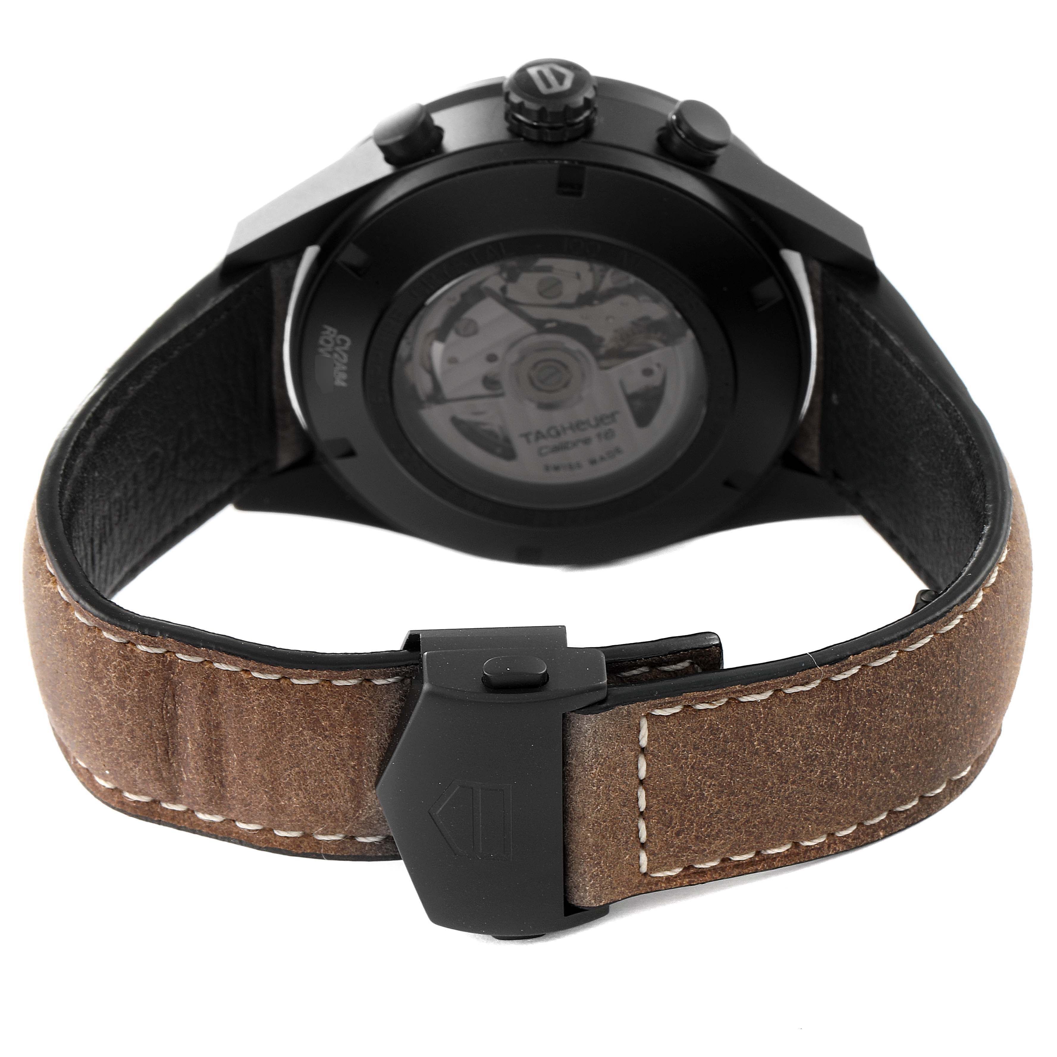 The image shows the back view of a Tag Heuer Carrera CV2A84.FC6394 Men
s Titanium Black Dial CV2A84.FC6394 Men
s Titanium Black Dial watch highlighting the case back, buckle, and part of the strap.