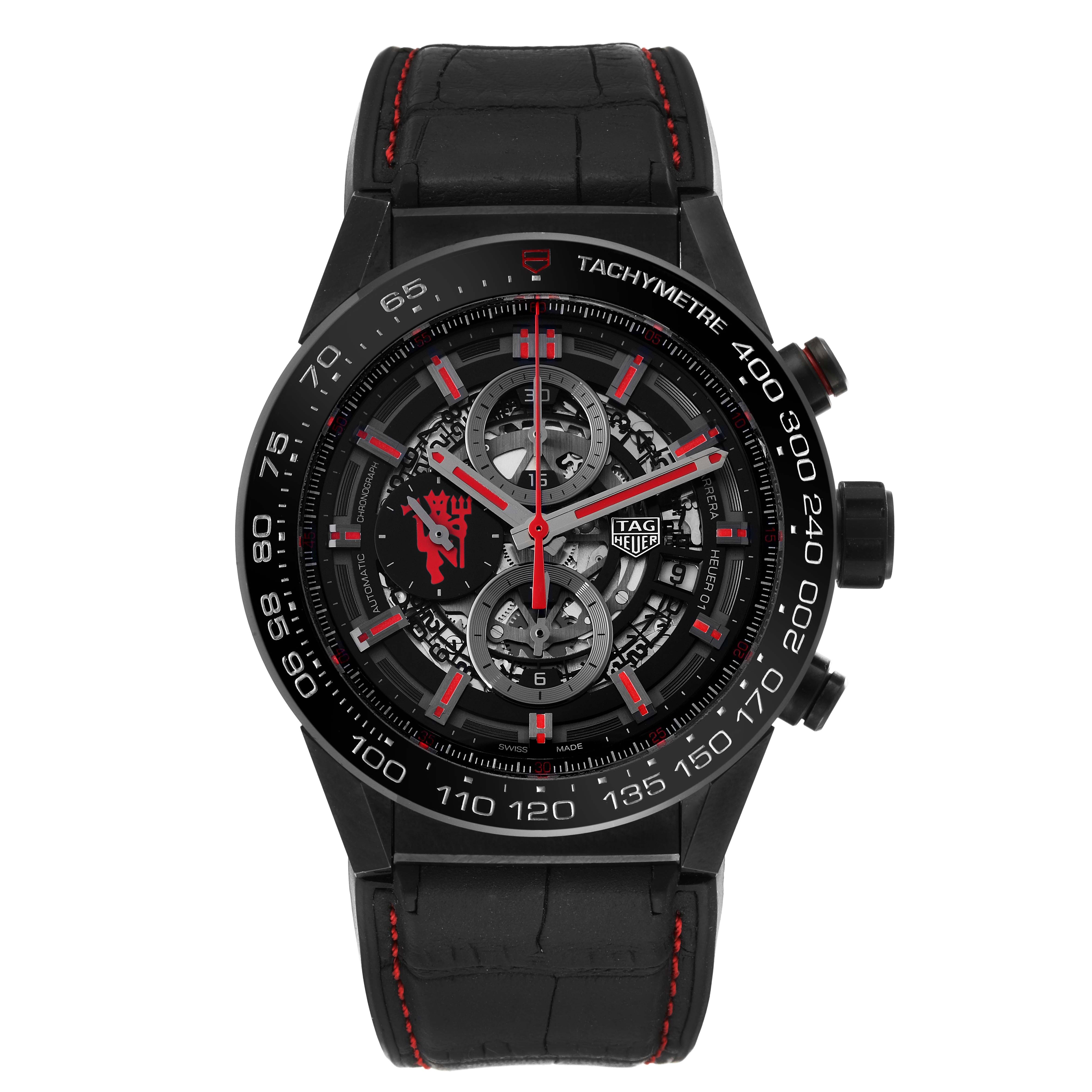 The image shows a front view of the TAG Heuer Carrera Heuer 01 Limited Edition model, displaying its face, dial, and strap.