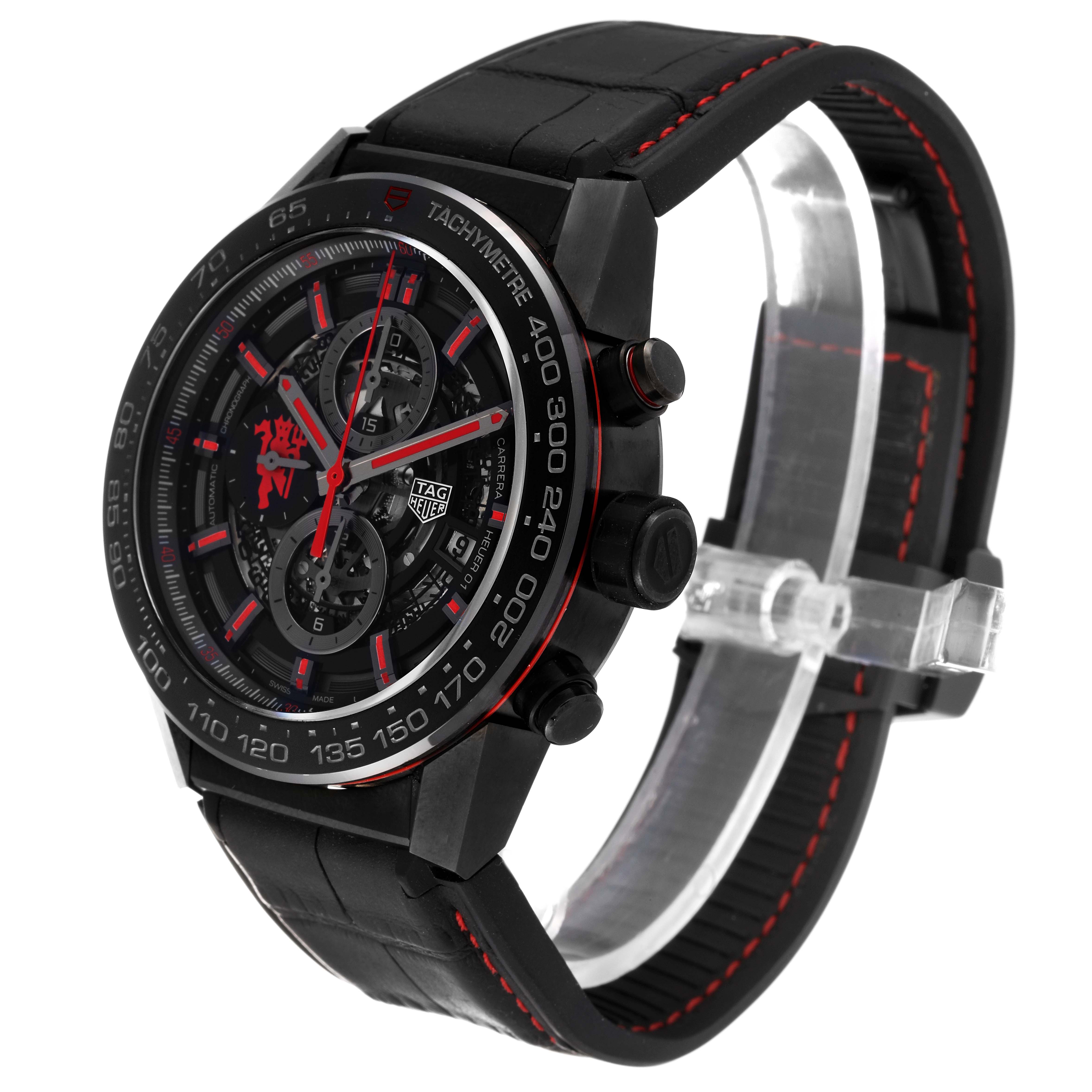 The image shows a side-angle view of the Tag Heuer Limited Edition CAR2A1J.FC6400 Men's Stainless Steel Black Dial CAR2A1J.FC6400 Men's Stainless Steel Black Dial watch, highlighting its face, strap, and buttons.