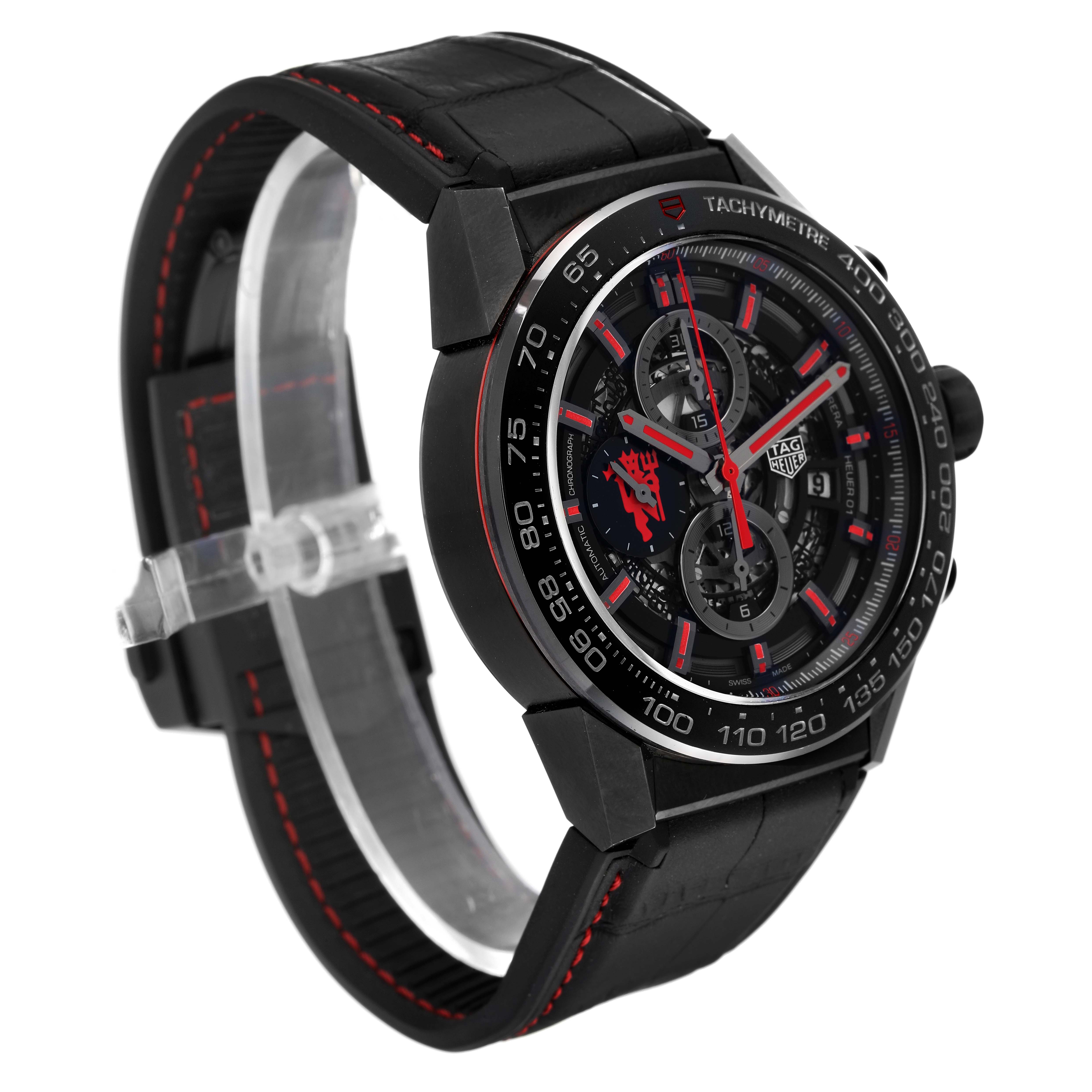 The image shows the Tag Heuer Limited Edition CAR2A1J.FC6400 Men's Stainless Steel Black Dial CAR2A1J.FC6400 Men's Stainless Steel Black Dial watch from a front angle, highlighting the dial, bezel, and strap.