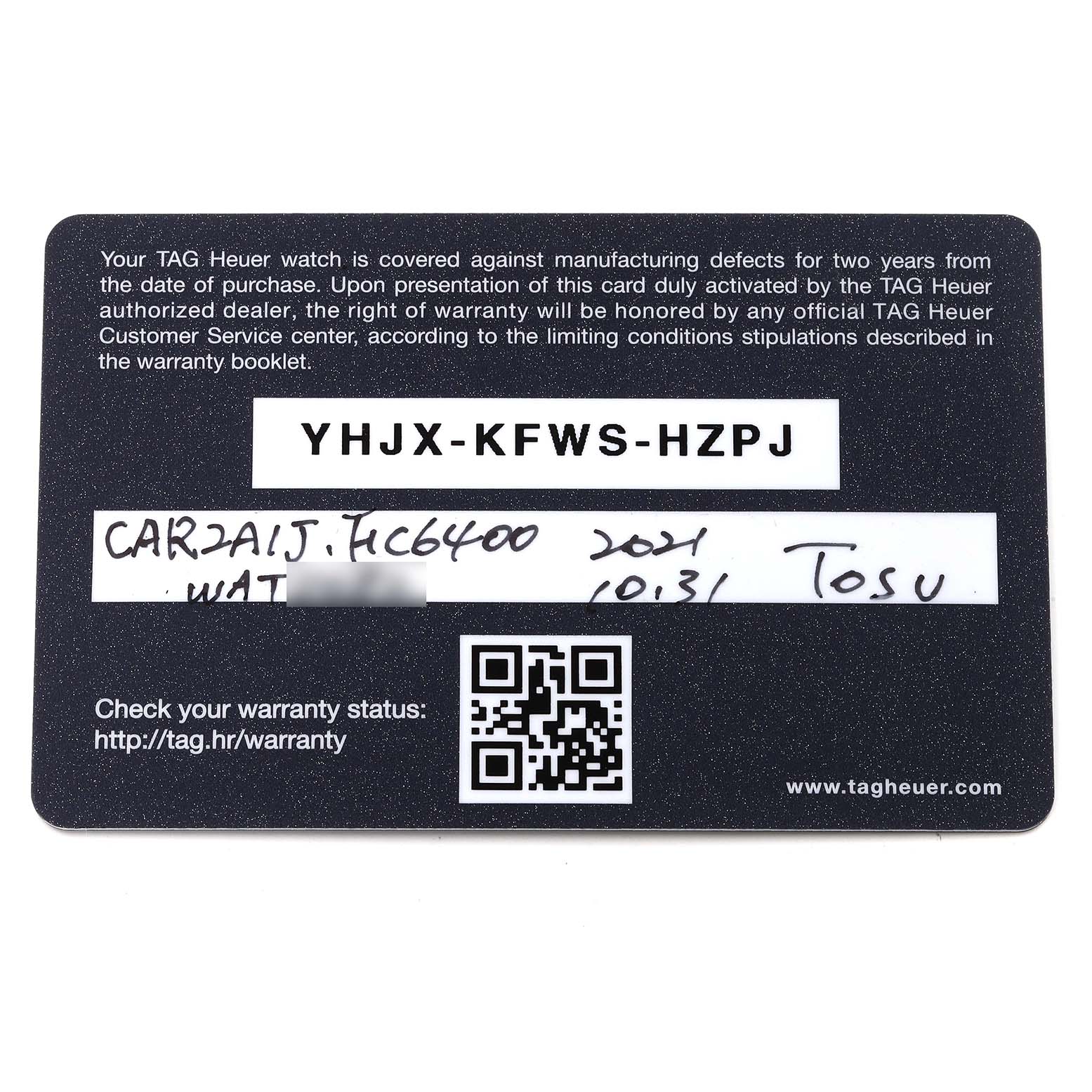 The image shows a flat view of a Tag Heuer Limited Edition CAR2A1J.FC6400 Men's Stainless Steel Black Dial CAR2A1J.FC6400 Men's Stainless Steel Black Dial warranty card, model CAR2A1J.FC6440.