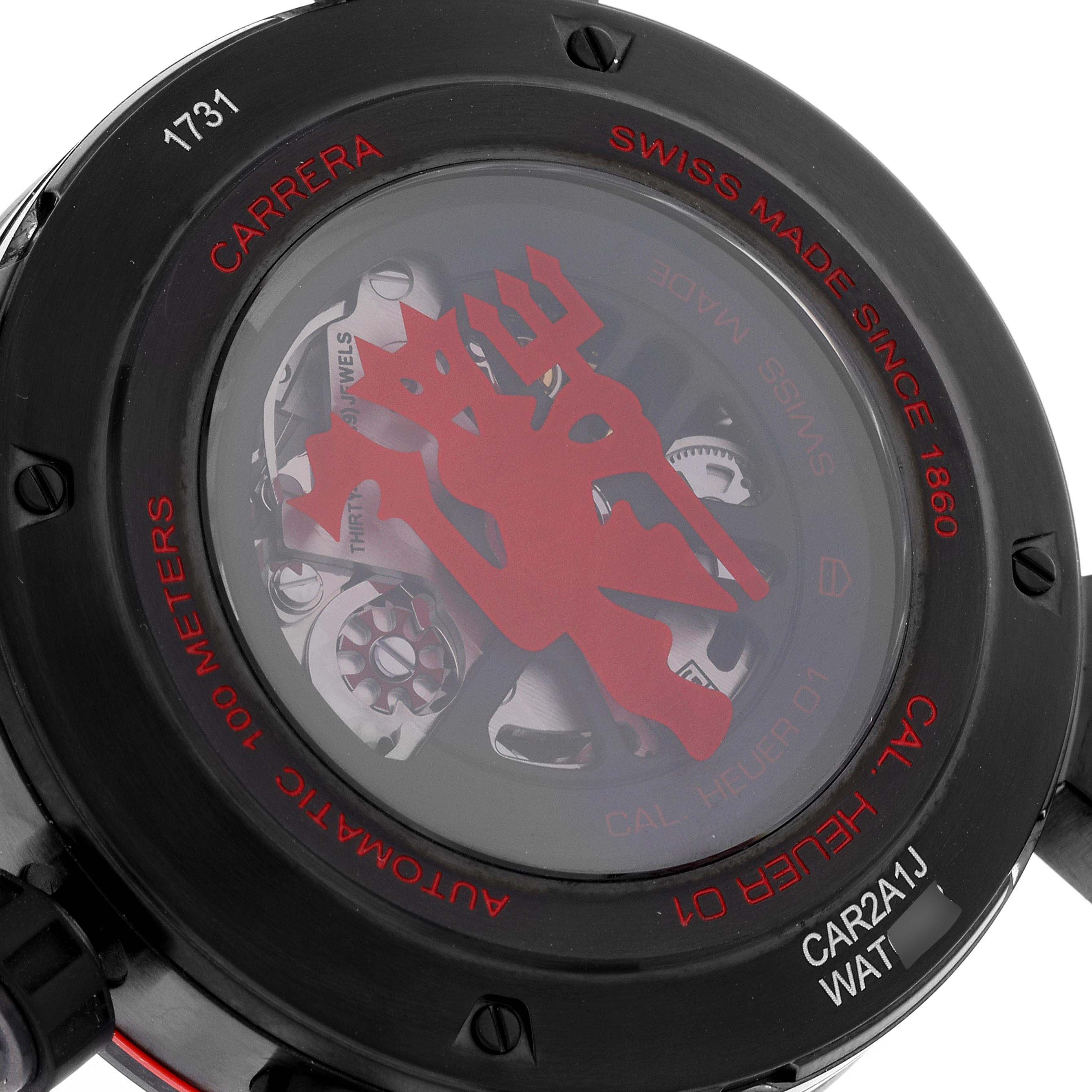 This image shows the case back of the Tag Heuer Carrera Limited Edition watch, highlighting the movement and inscriptions.