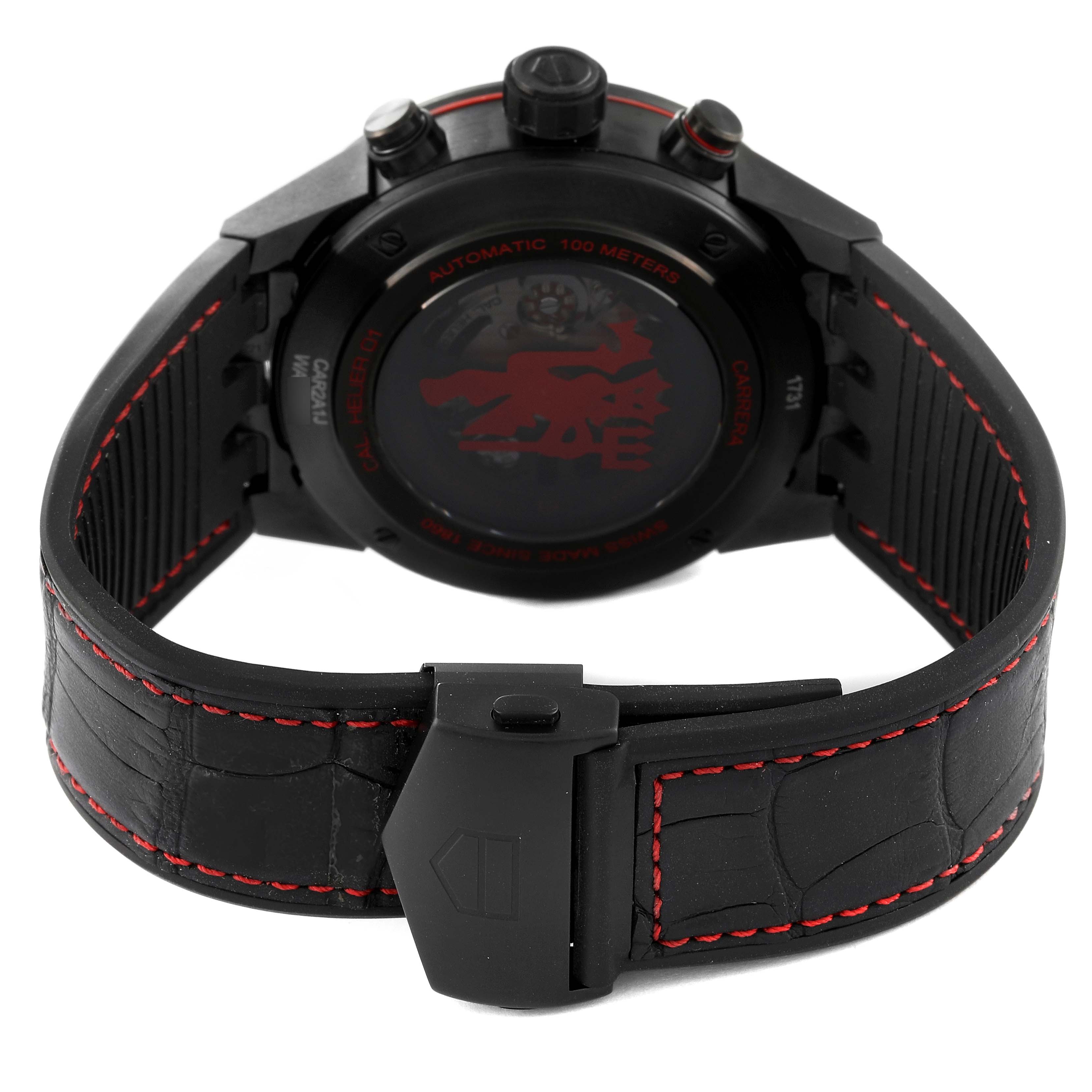 The image shows the back view of a Tag Heuer Limited Edition CAR2A1J.FC6400 Men's Stainless Steel Black Dial CAR2A1J.FC6400 Men's Stainless Steel Black Dial watch, highlighting the strap and clasp.