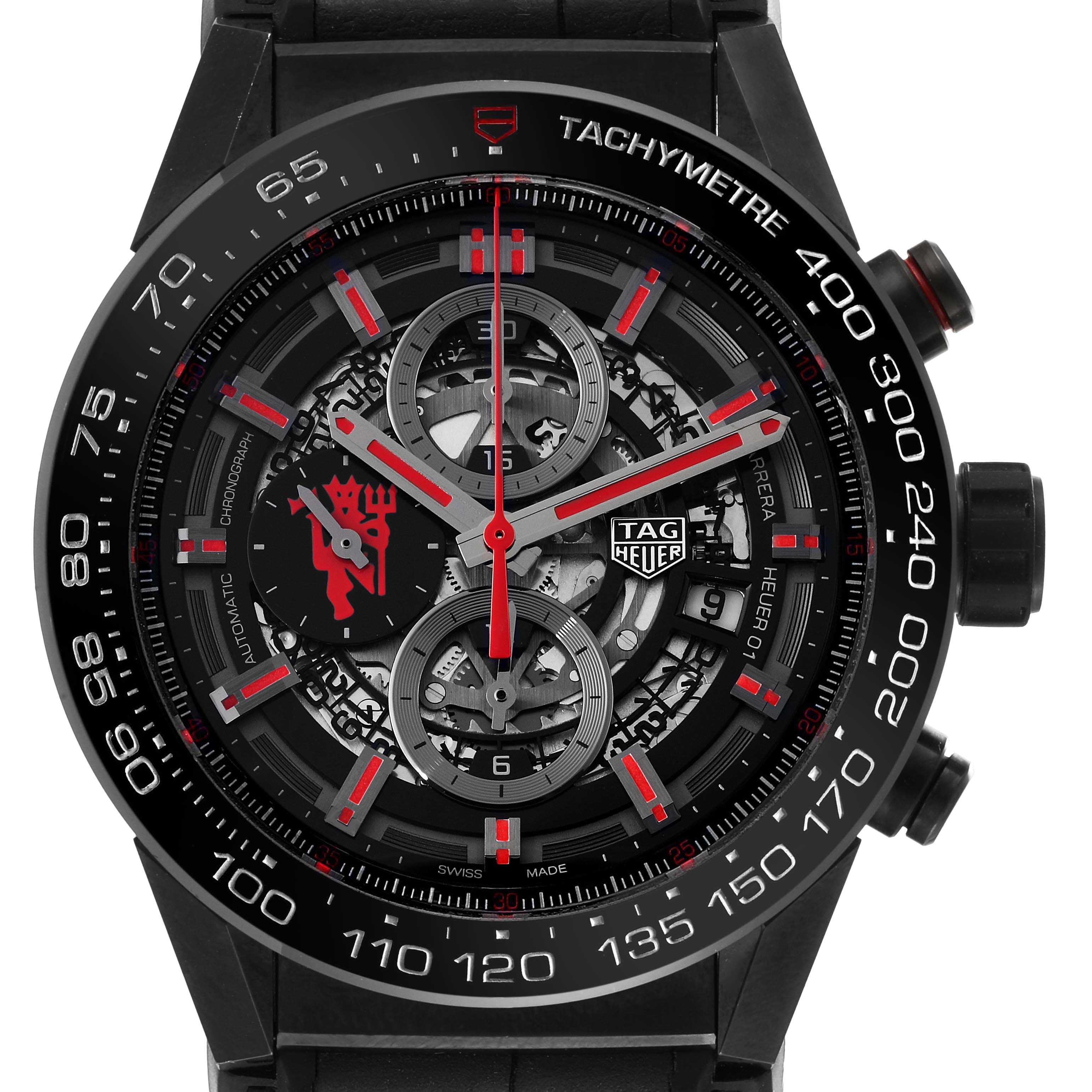 This is a front view of the Tag Heuer Carrera Heuer-01 Limited Edition watch, showing the dial, chronograph subdials, and tachymeter scale.