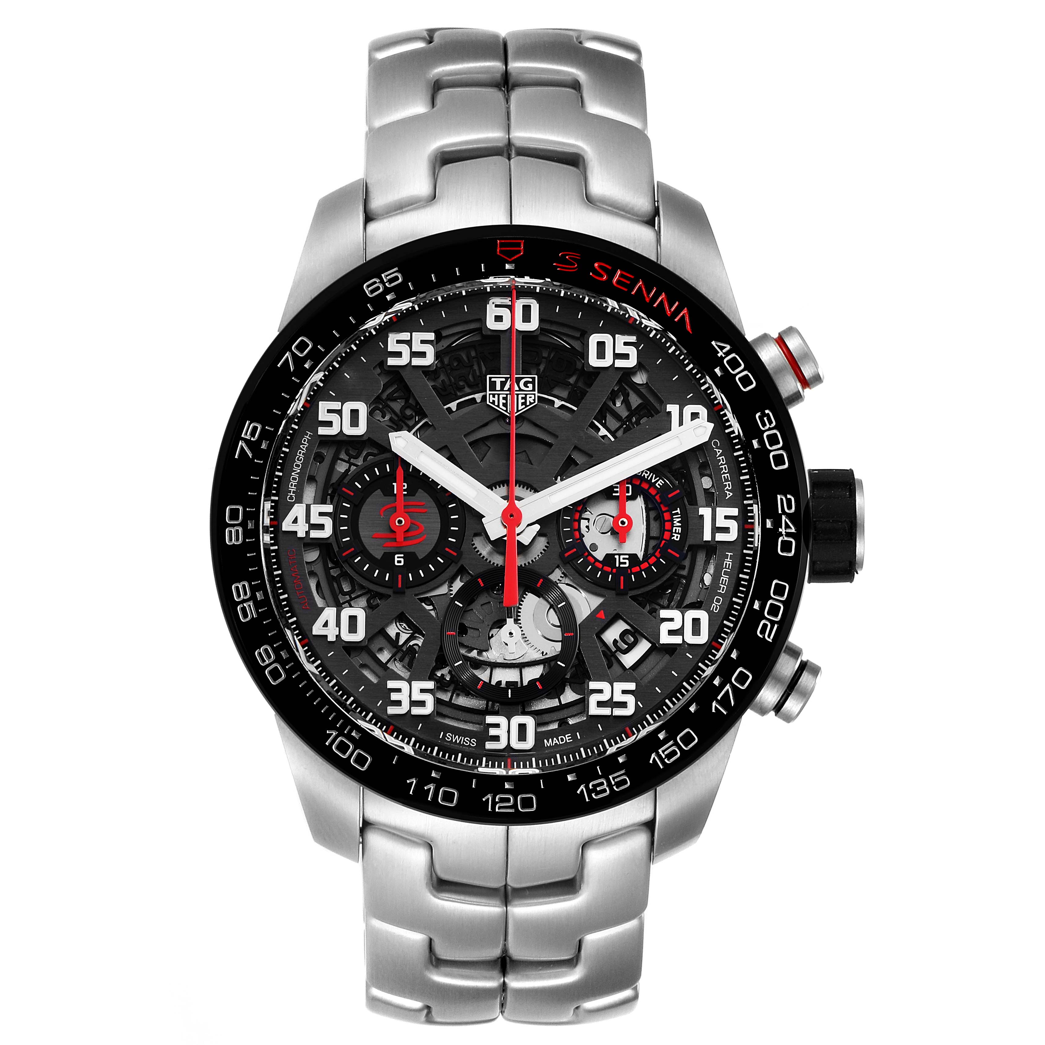 The image shows a frontal view of the Tag Heuer Carrera CBG2013.BA0657 Men's Stainless Steel Transparent Dial CBG2013.BA0657 Men's Stainless Steel Transparent Dial model watch, displaying its face, dial, and metal strap.
