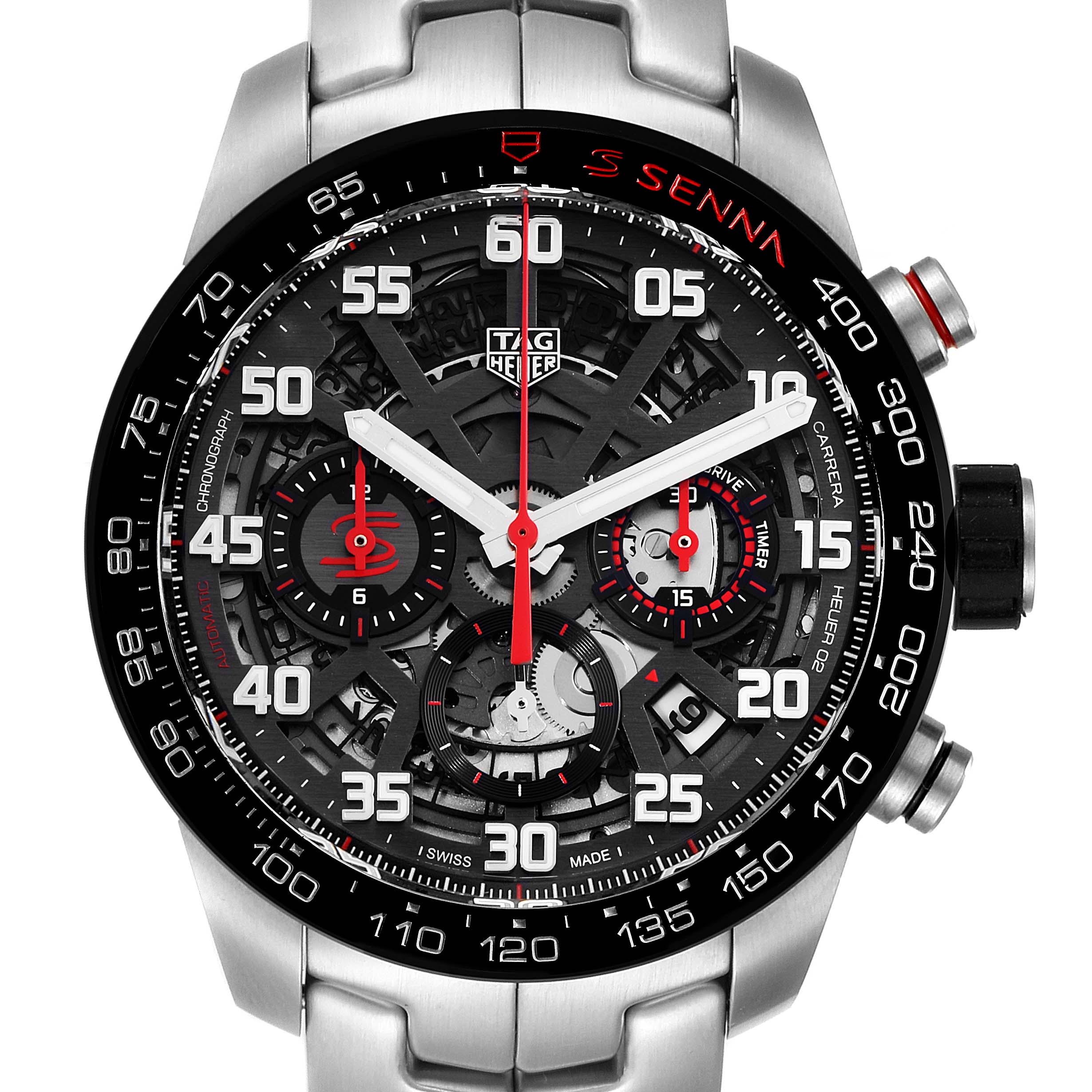 The image shows a front view of a Tag Heuer Carrera CBG2013.BA0657 Men's Stainless Steel Transparent Dial CBG2013.BA0657 Men's Stainless Steel Transparent Dial watch, highlighting its dial, bezel, and chronograph buttons.