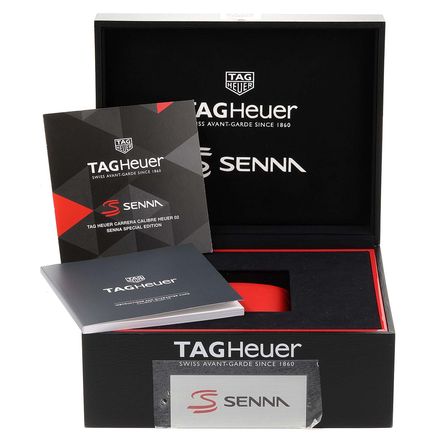 The image shows a Tag Heuer Carrera CBG2013.BA0657 Men's Stainless Steel Transparent Dial CBG2013.BA0657 Men's Stainless Steel Transparent Dial watch box at an angle with manuals and a Senna label displayed.