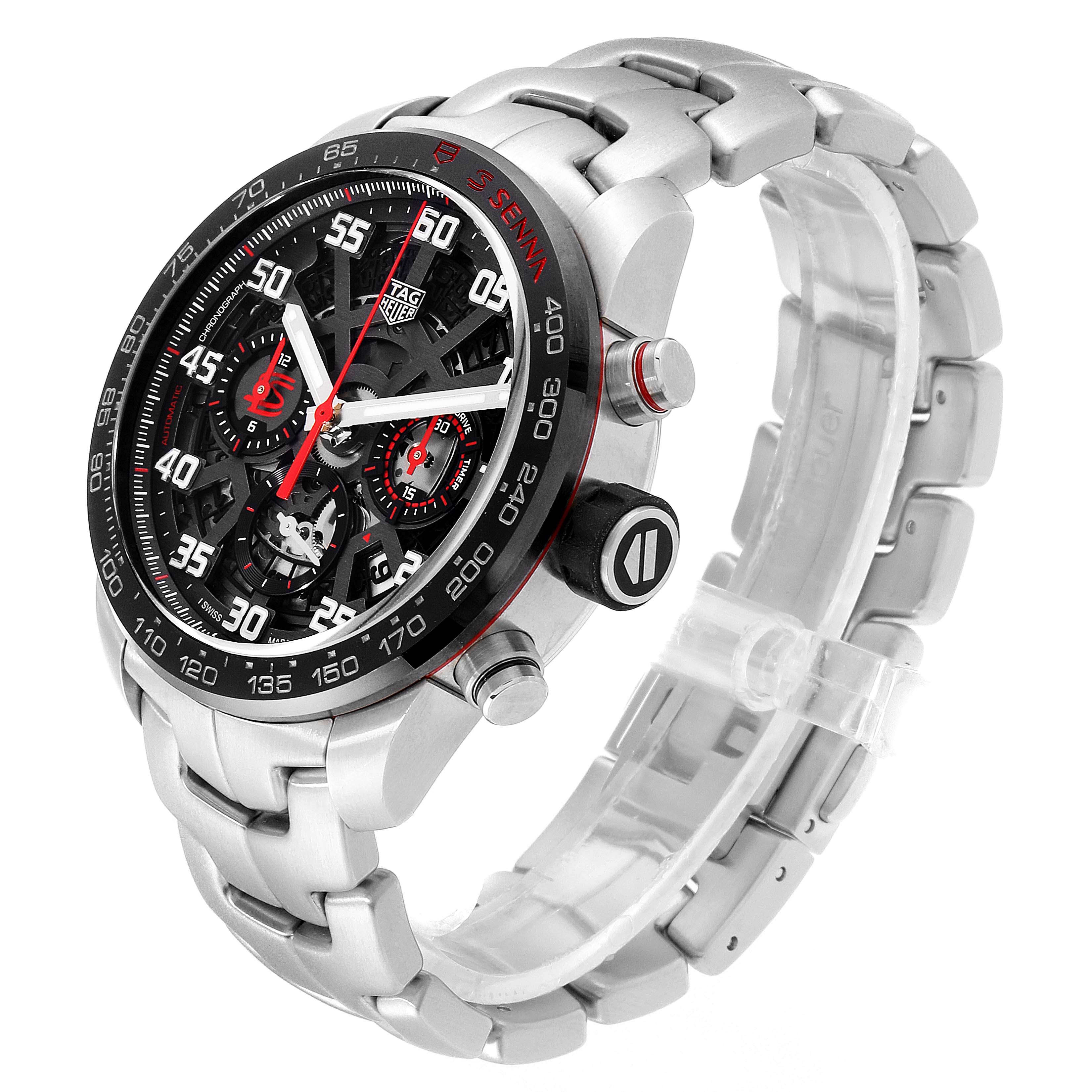 The image shows a Tag Heuer Carrera CBG2013.BA0657 Men's Stainless Steel Transparent Dial CBG2013.BA0657 Men's Stainless Steel Transparent Dial watch from an angled perspective, highlighting the face, bezel, crown, and bracelet.