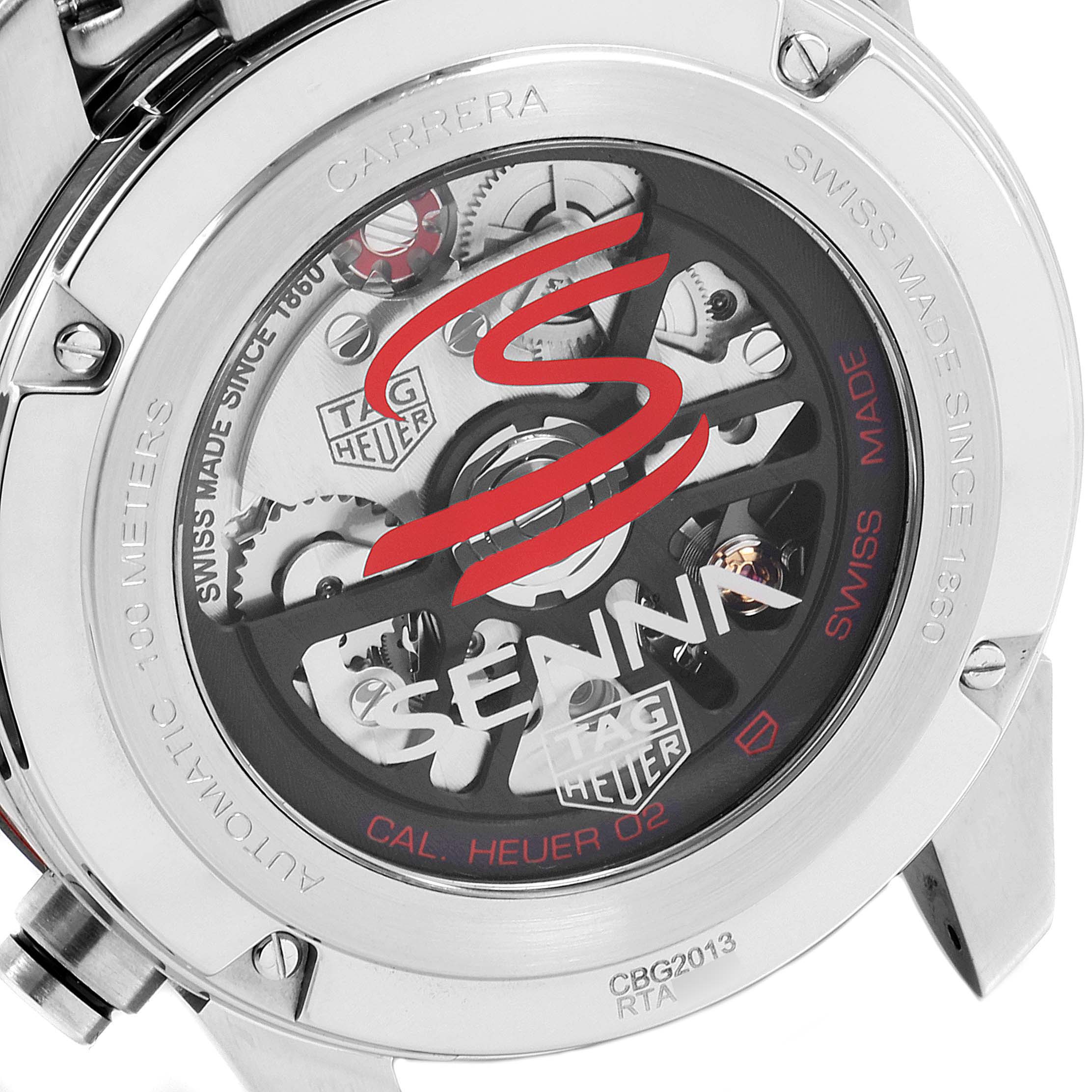 The image shows the backside of a Tag Heuer Carrera CBG2013.BA0657 Men's Stainless Steel Transparent Dial CBG2013.BA0657 Men's Stainless Steel Transparent Dial watch, showcasing the internal mechanism and "SENNA" branding.