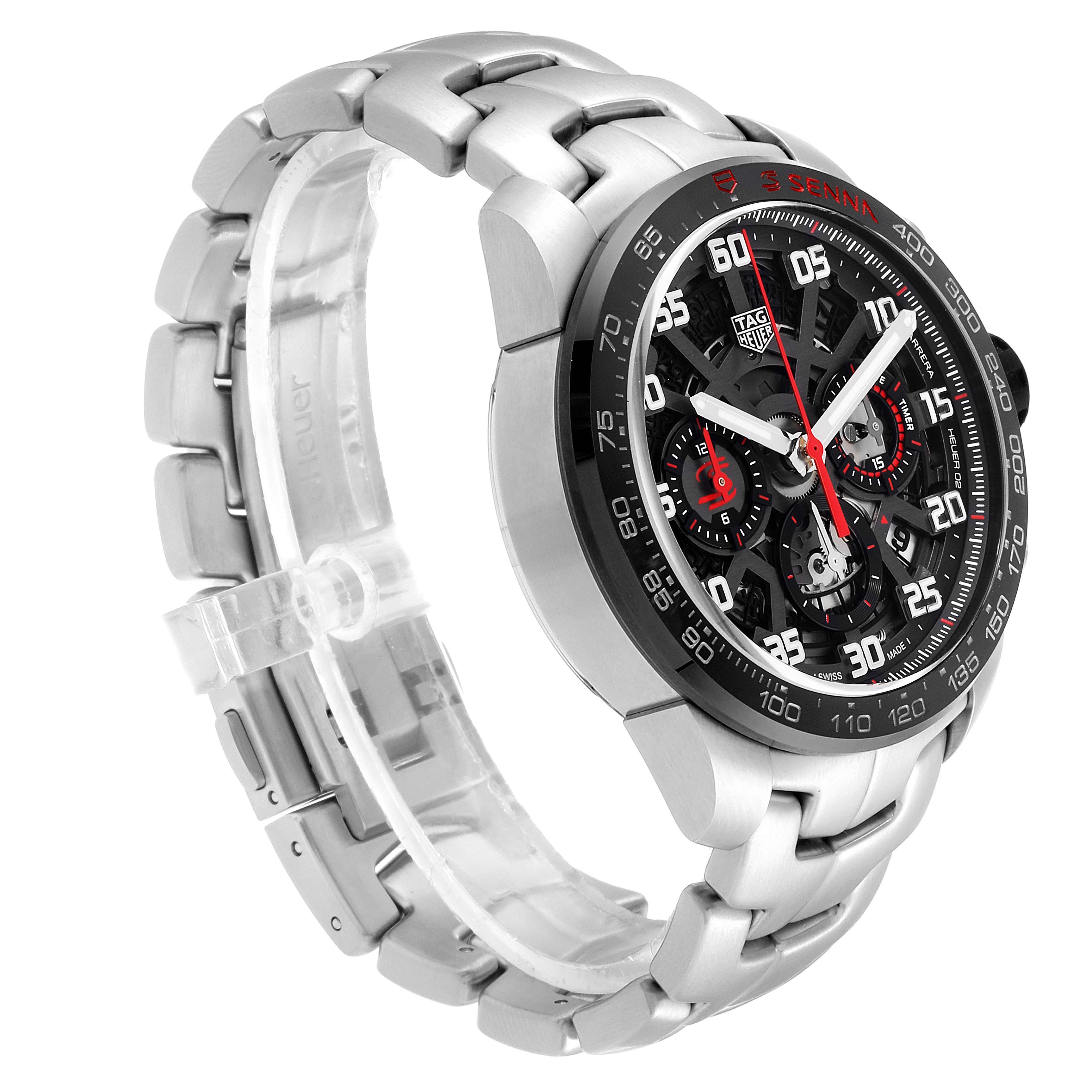 The image shows a Tag Heuer Carrera CBG2013.BA0657 Men's Stainless Steel Transparent Dial CBG2013.BA0657 Men's Stainless Steel Transparent Dial watch at an angle highlighting the face and stainless steel bracelet.