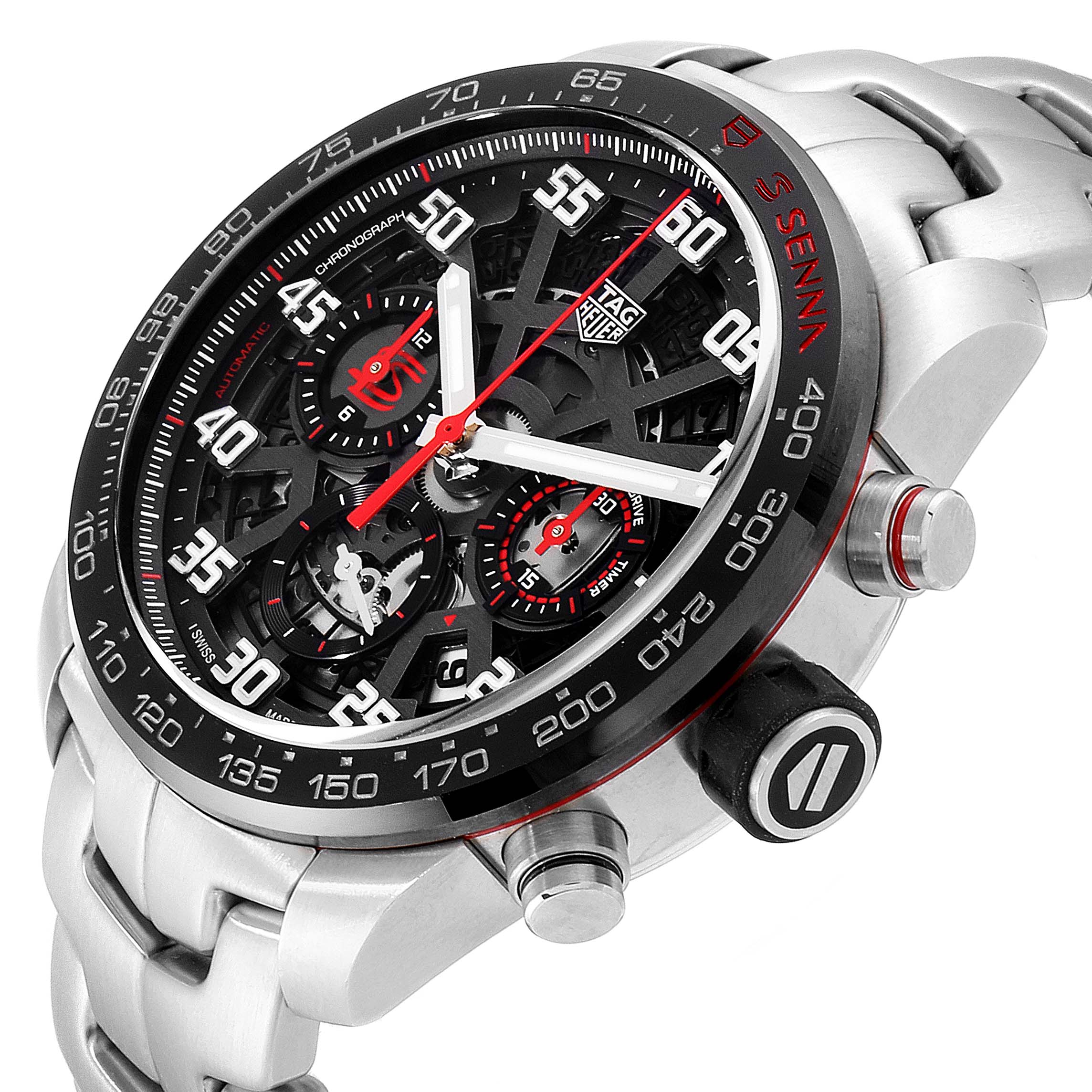 This image shows a Tag Heuer Carrera CBG2013.BA0657 Men's Stainless Steel Transparent Dial CBG2013.BA0657 Men's Stainless Steel Transparent Dial watch from a three-quarter angle, highlighting the face, bezel, and chronograph pushers.