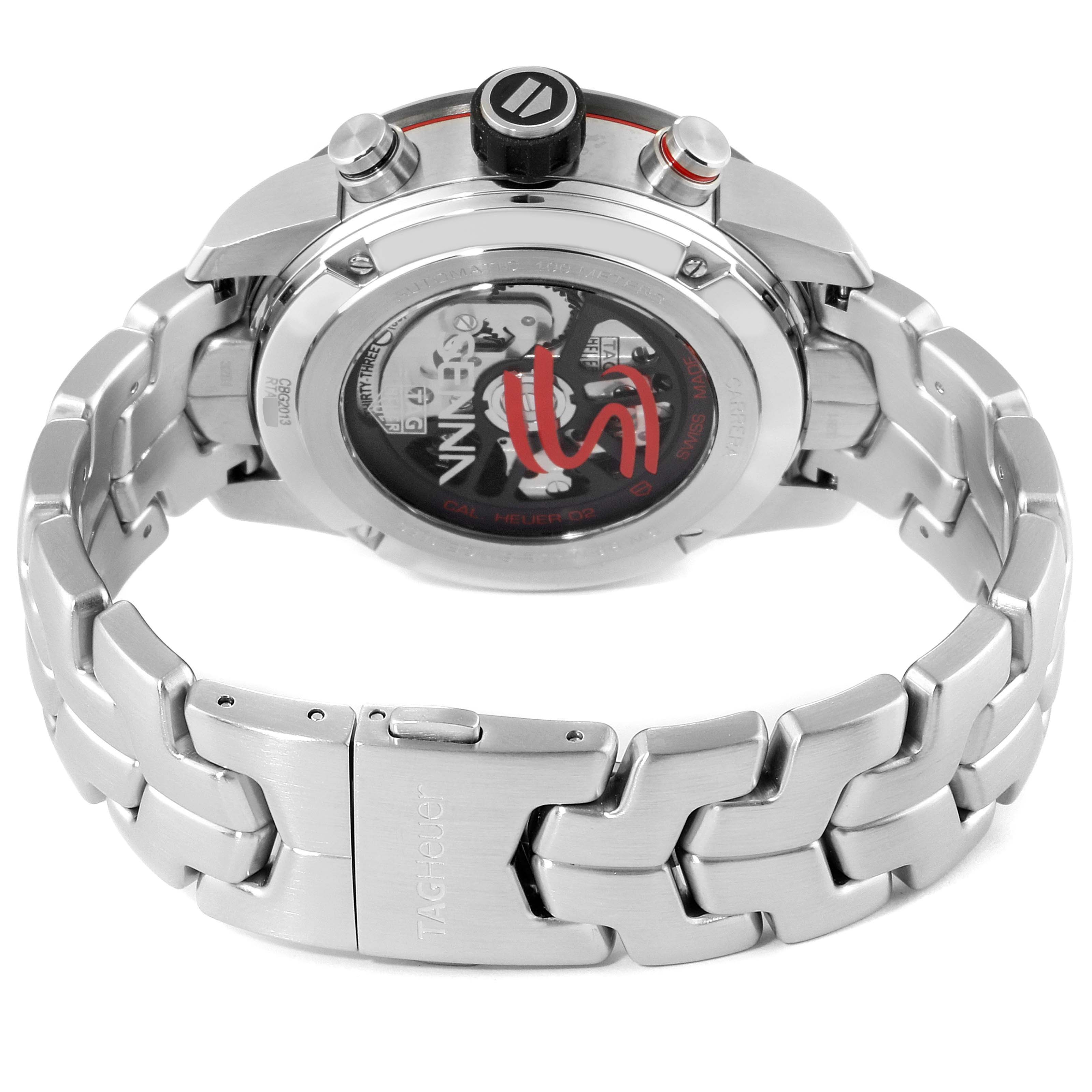 The image shows the back and side profile of the Tag Heuer Carrera CBG2013.BA0657 Men's Stainless Steel Transparent Dial CBG2013.BA0657 Men's Stainless Steel Transparent Dial watch, highlighting its bracelet and case back.